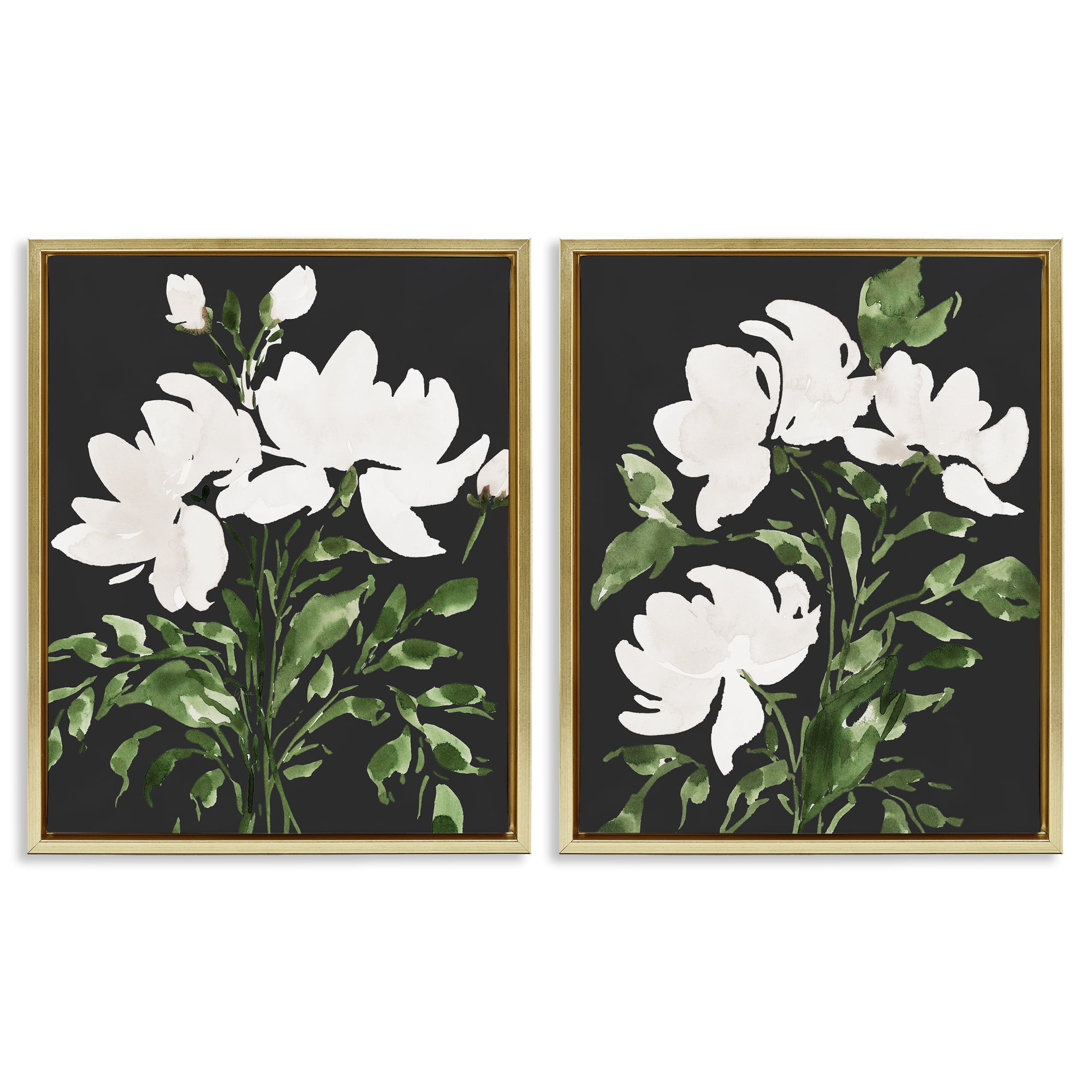 Stupell Industries White On Black Blooms 2 Piece Gold Framed Floater Canvas Set, design by Lucille Price