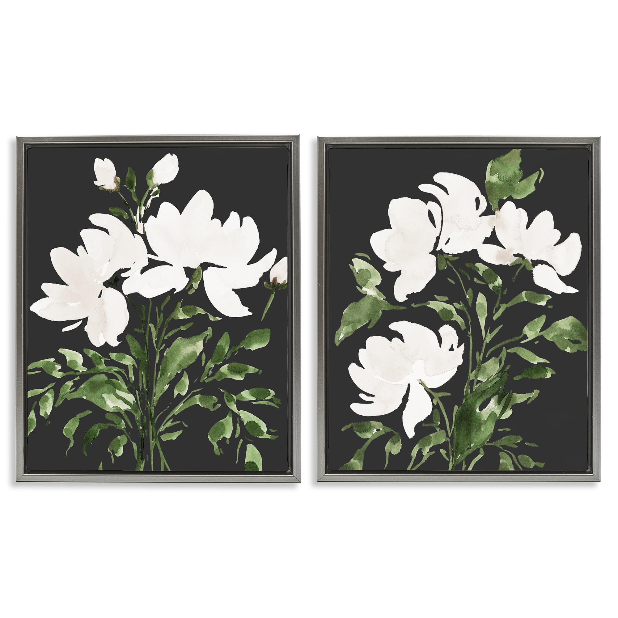 Stupell Industries White On Black Blooms 2 Piece Gray Framed Floater Canvas Set, design by Lucille Price