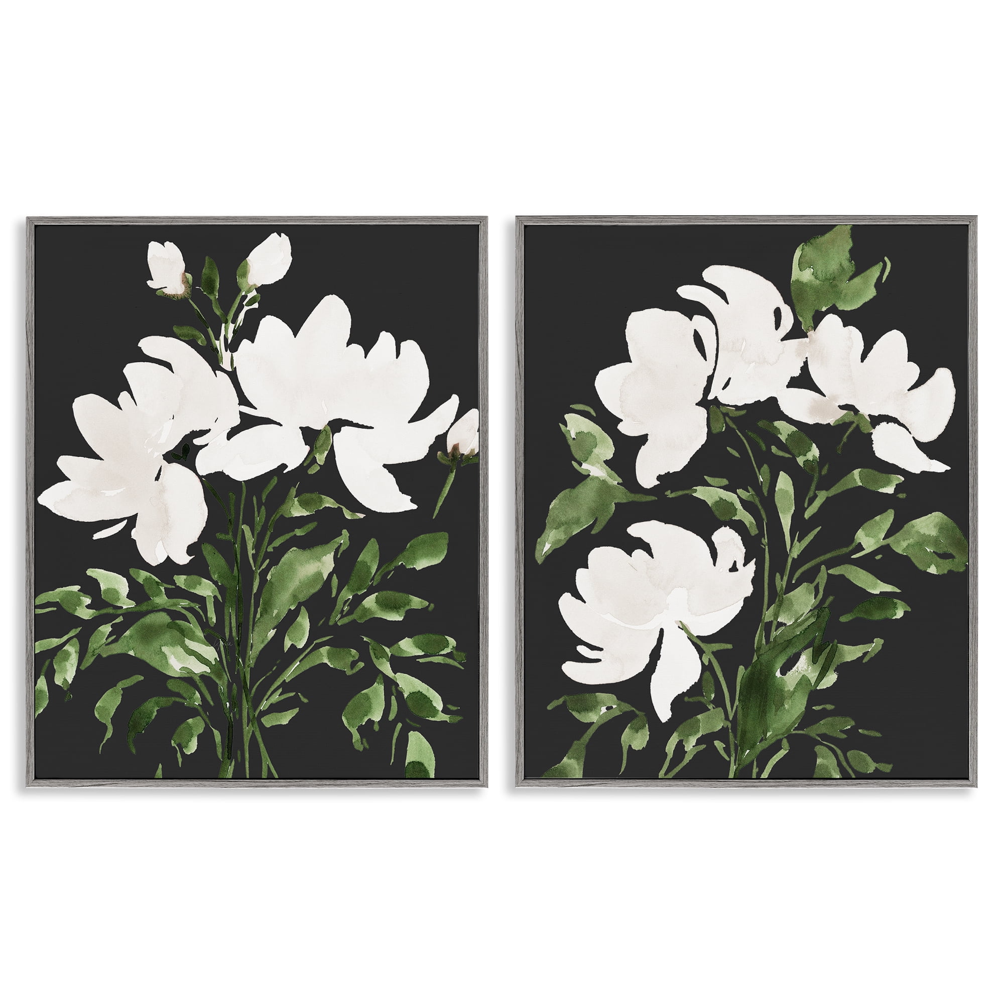 Stupell Industries White On Black Blooms 2 Piece Gray Framed Giclee Art Set, design by Lucille Price