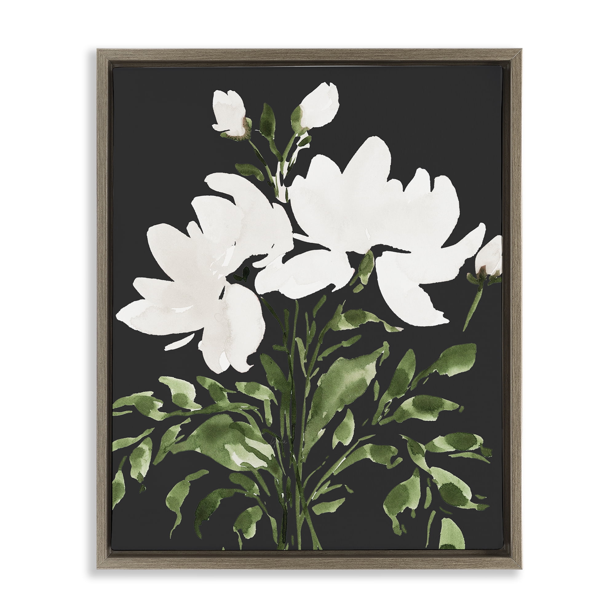 Stupell Industries White On Black Floral Brown Framed Floater Canvas Wall Art, design by Lucille Price