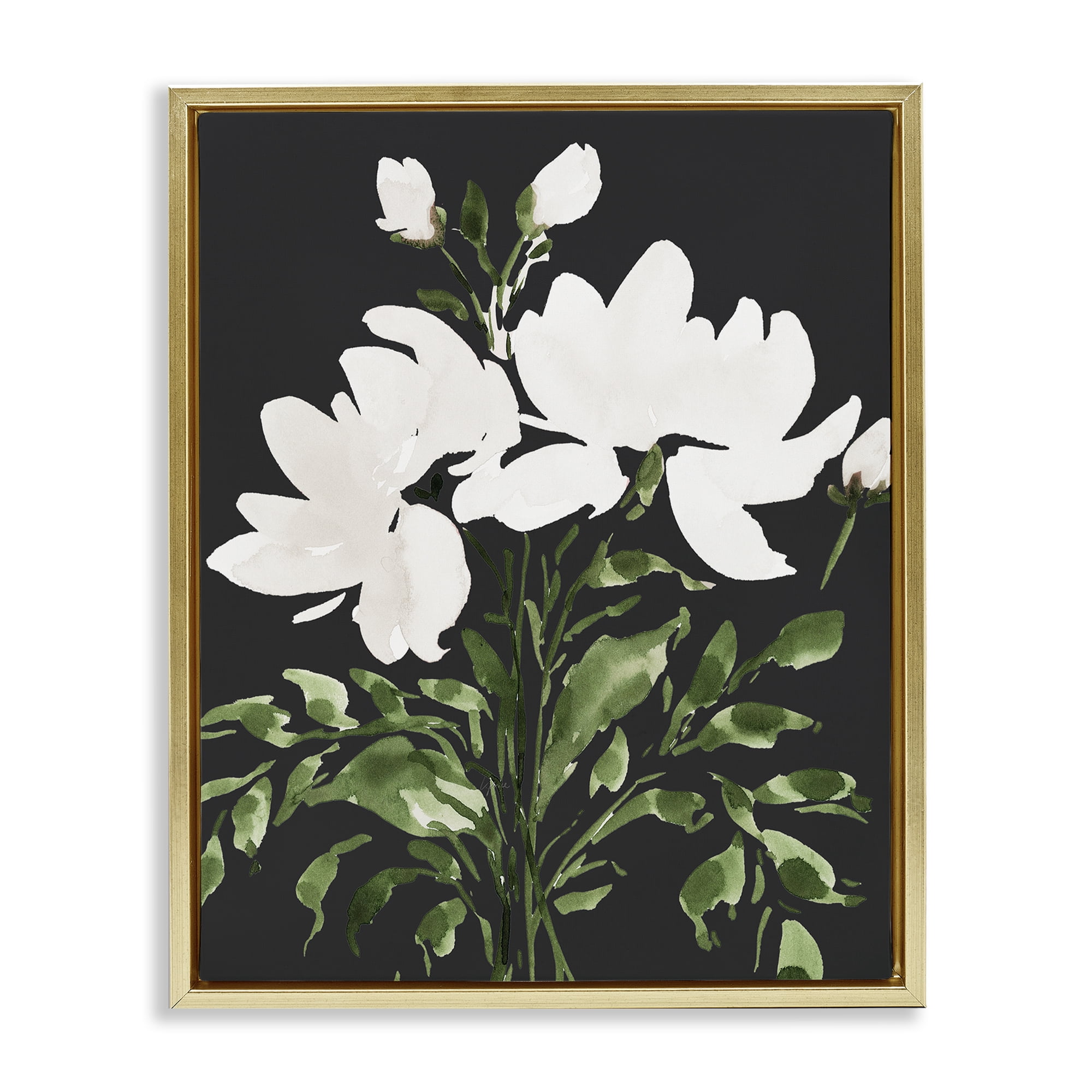 Stupell Industries White On Black Floral Gold Framed Floater Canvas Wall Art, design by Lucille Price
