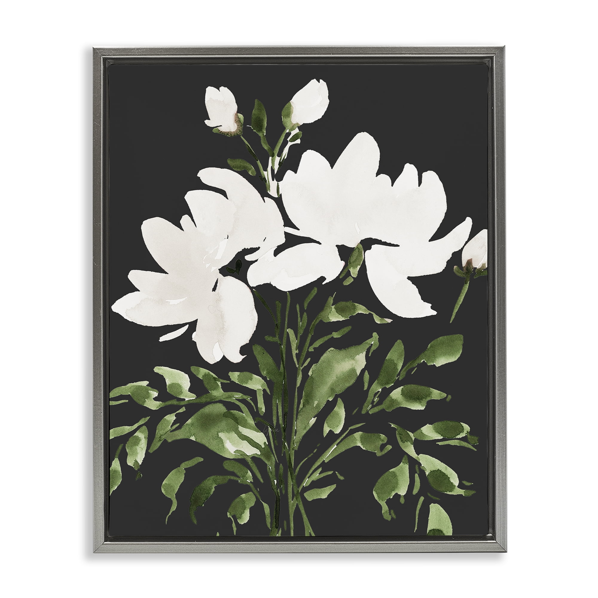 Stupell Industries White On Black Floral Gray Framed Floater Canvas Wall Art, design by Lucille Price