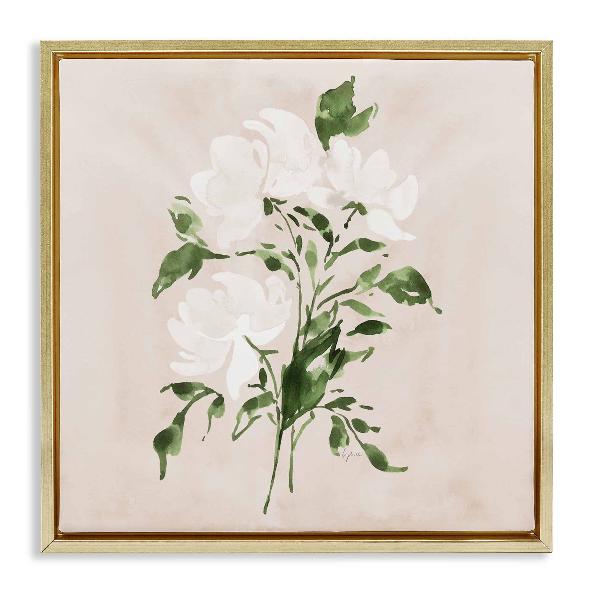 Stupell Industries White On Tan Blossom Gold Framed Floater Canvas Wall Art, design by Lucille Price
