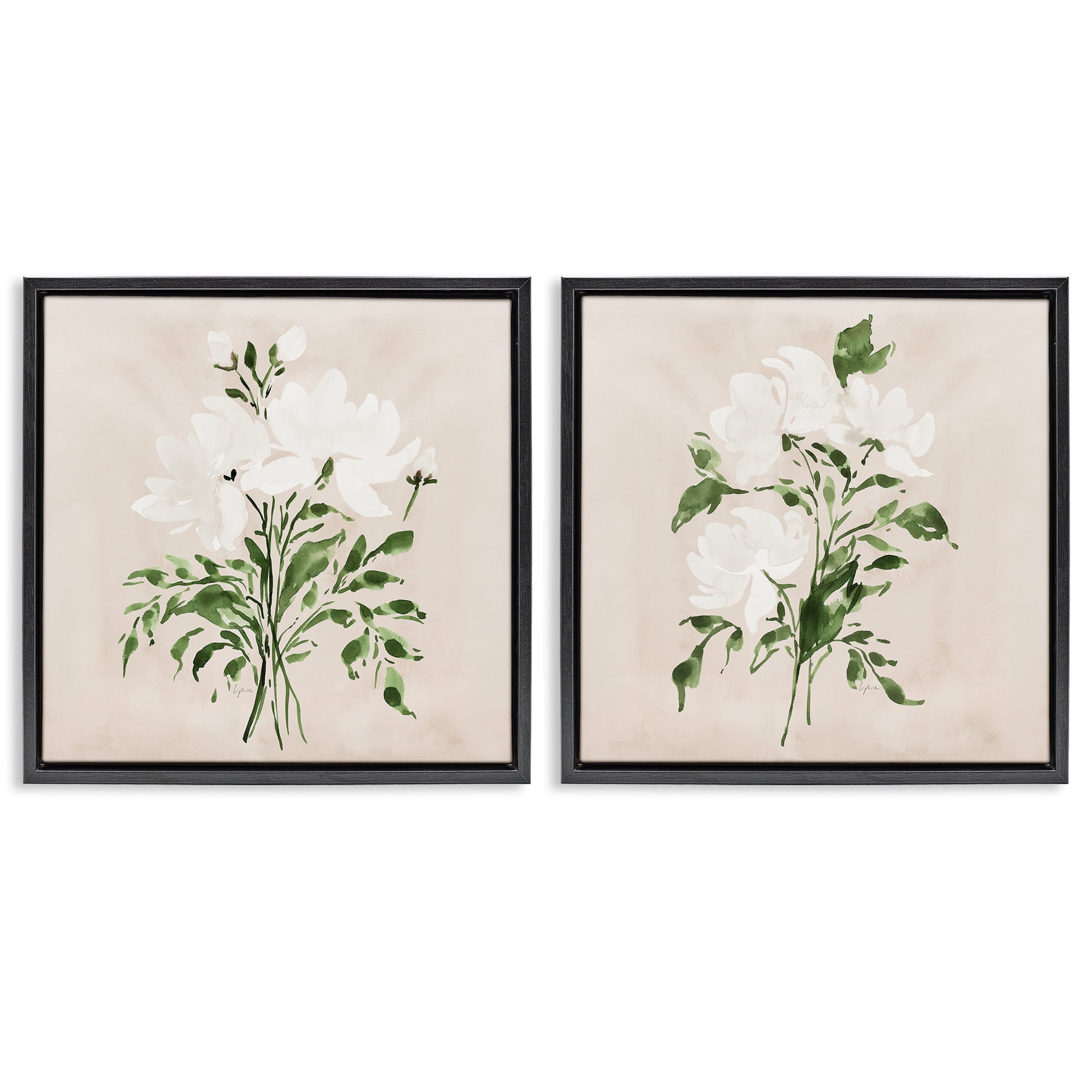 Stupell Industries White On Tan Botanicals 2 Piece Black Framed Floater Canvas Set, design by Lucille Price