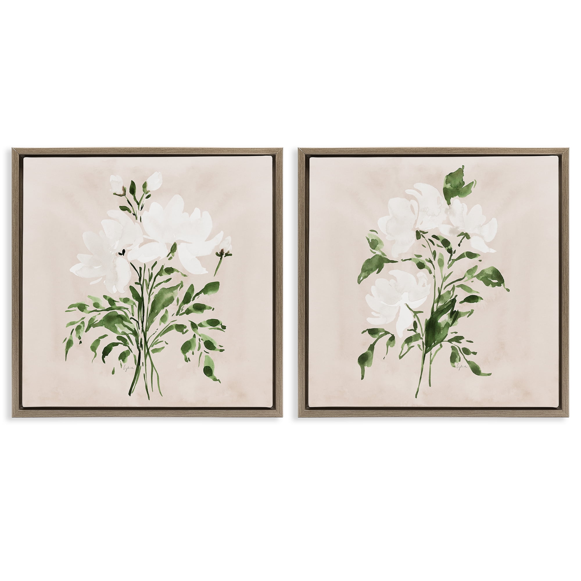 Stupell Industries White On Tan Botanicals 2 Piece Brown Framed Floater Canvas Set, design by Lucille Price