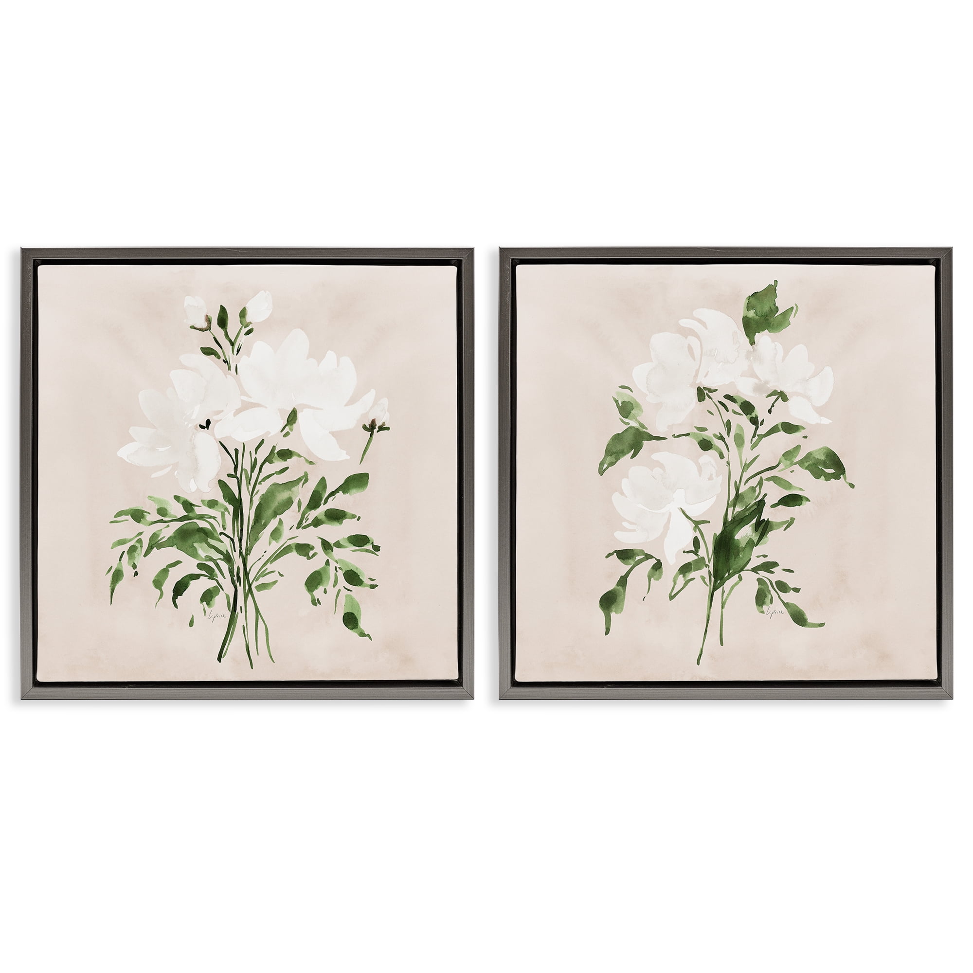 Stupell Industries White On Tan Botanicals 2 Piece Gray Framed Floater Canvas Set, design by Lucille Price