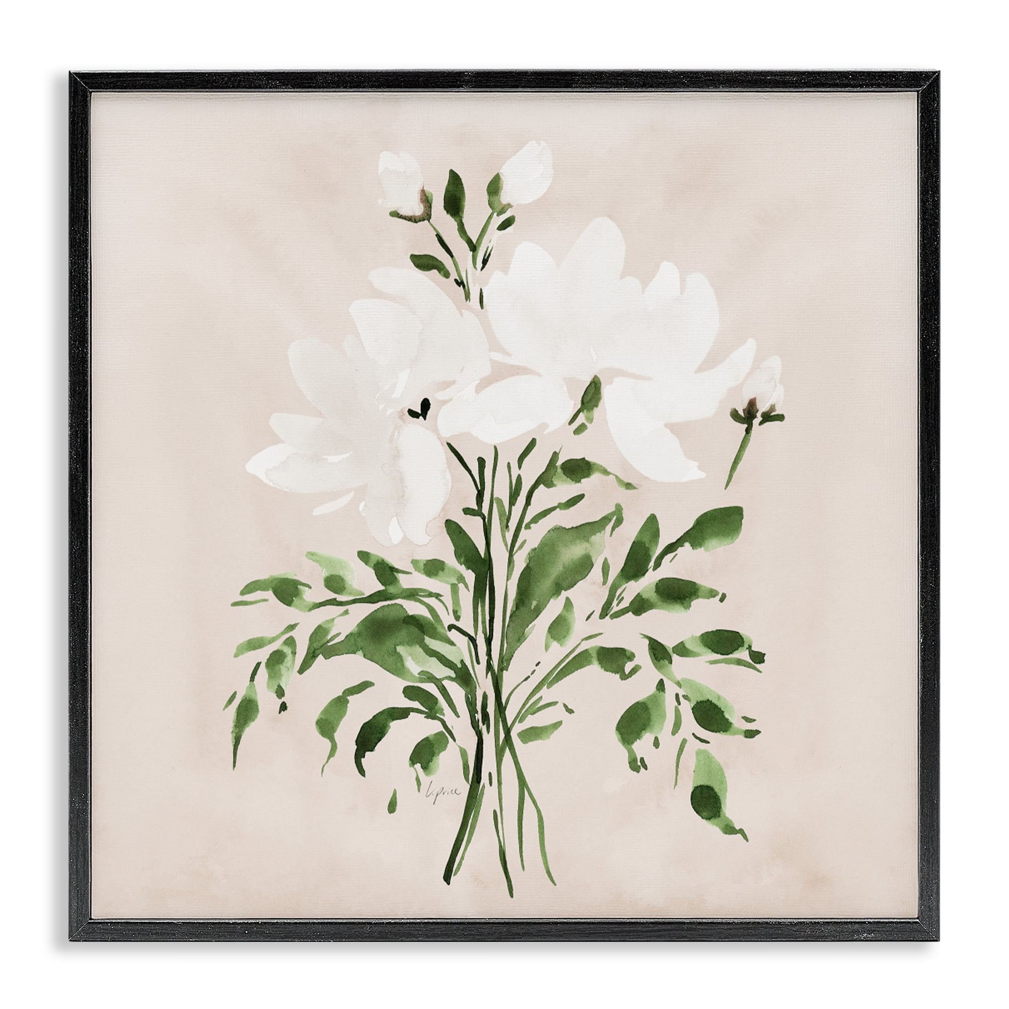 Stupell Industries White On Tan Floral Black Framed Giclee Art, design by Lucille Price