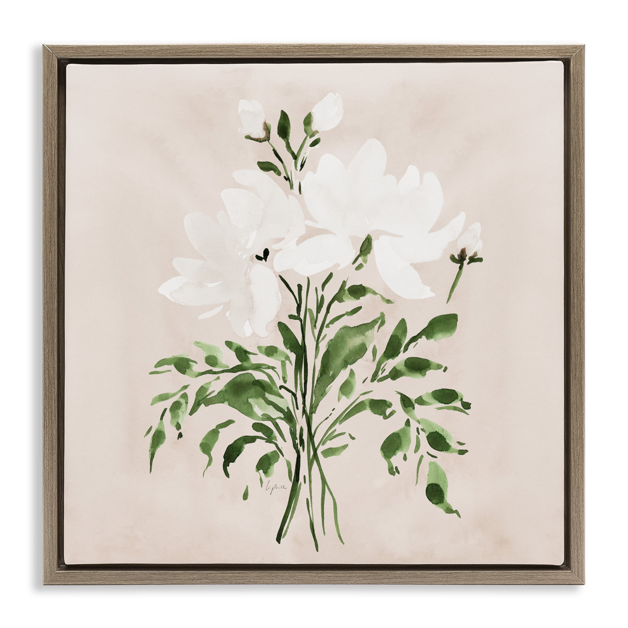 Stupell Industries White On Tan Floral Brown Framed Floater Canvas Wall Art, design by Lucille Price
