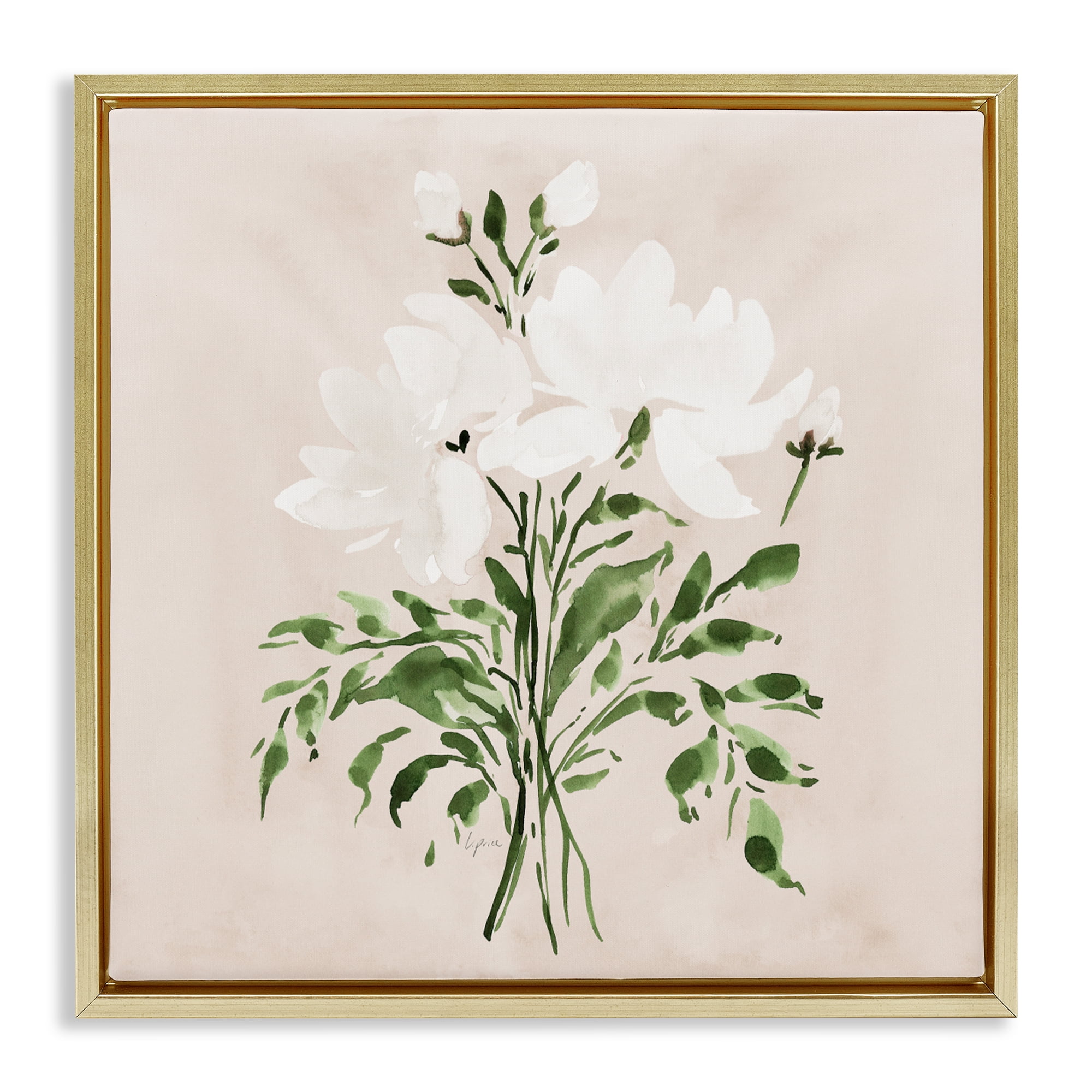 Stupell Industries White On Tan Floral Gold Framed Floater Canvas Wall Art, design by Lucille Price