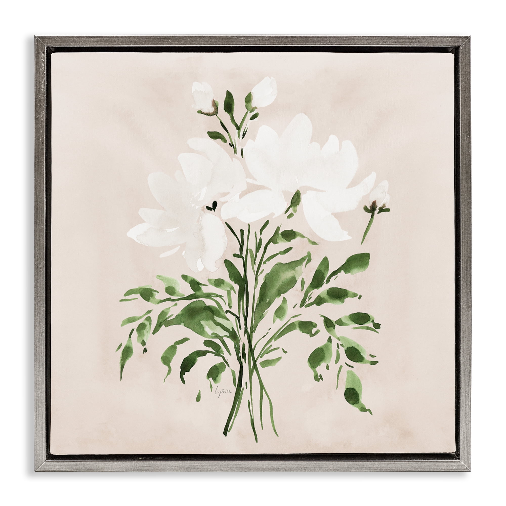 Stupell Industries White On Tan Floral Gray Framed Floater Canvas Wall Art, design by Lucille Price