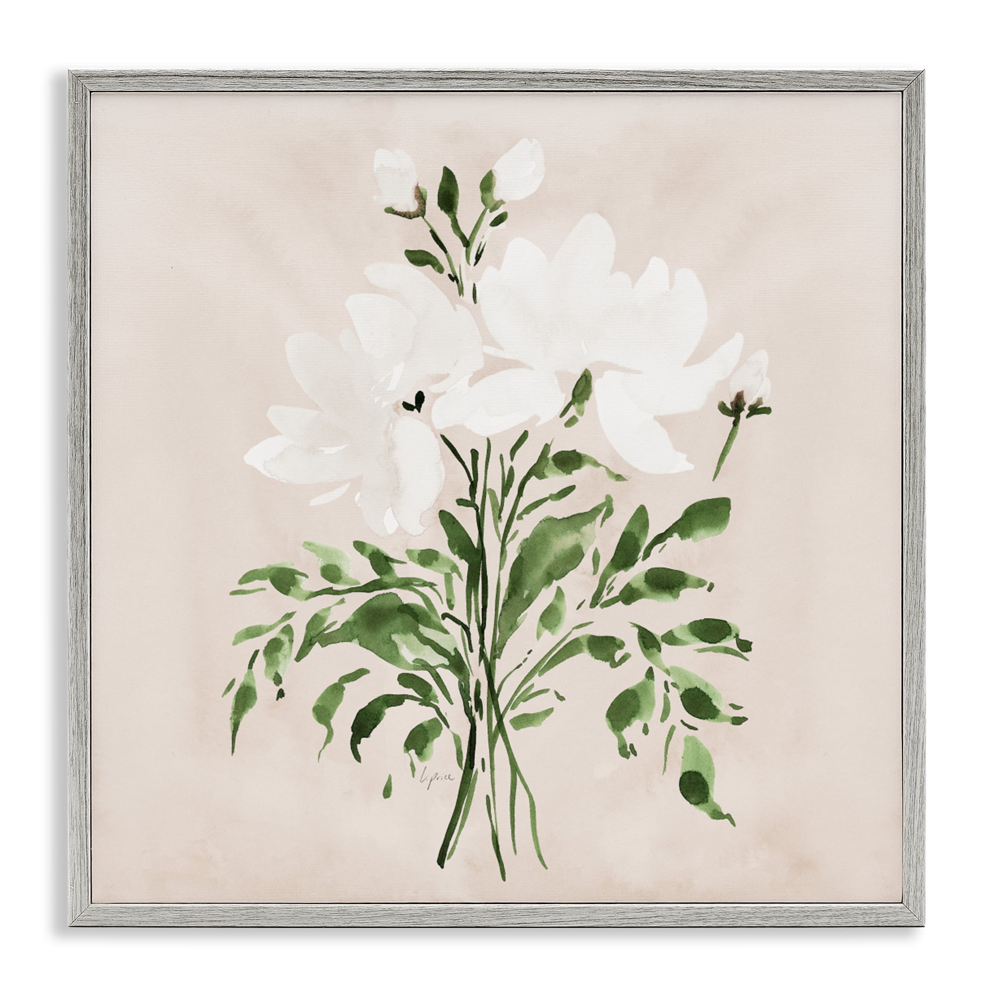 Stupell Industries White On Tan Floral Gray Framed Giclee Art, design by Lucille Price