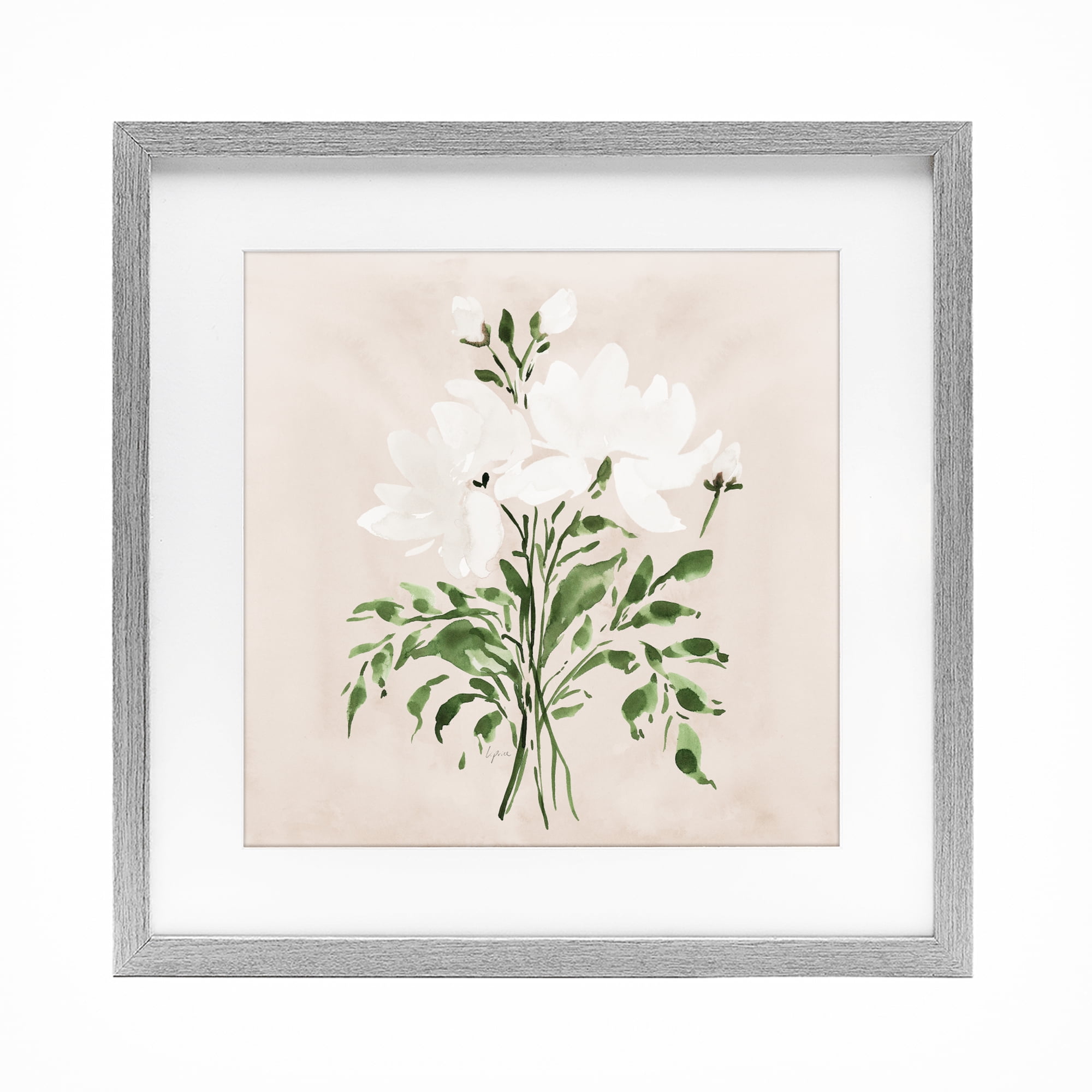 Stupell Industries White On Tan Floral Gray Framed Print Under Glass, design by Lucille Price