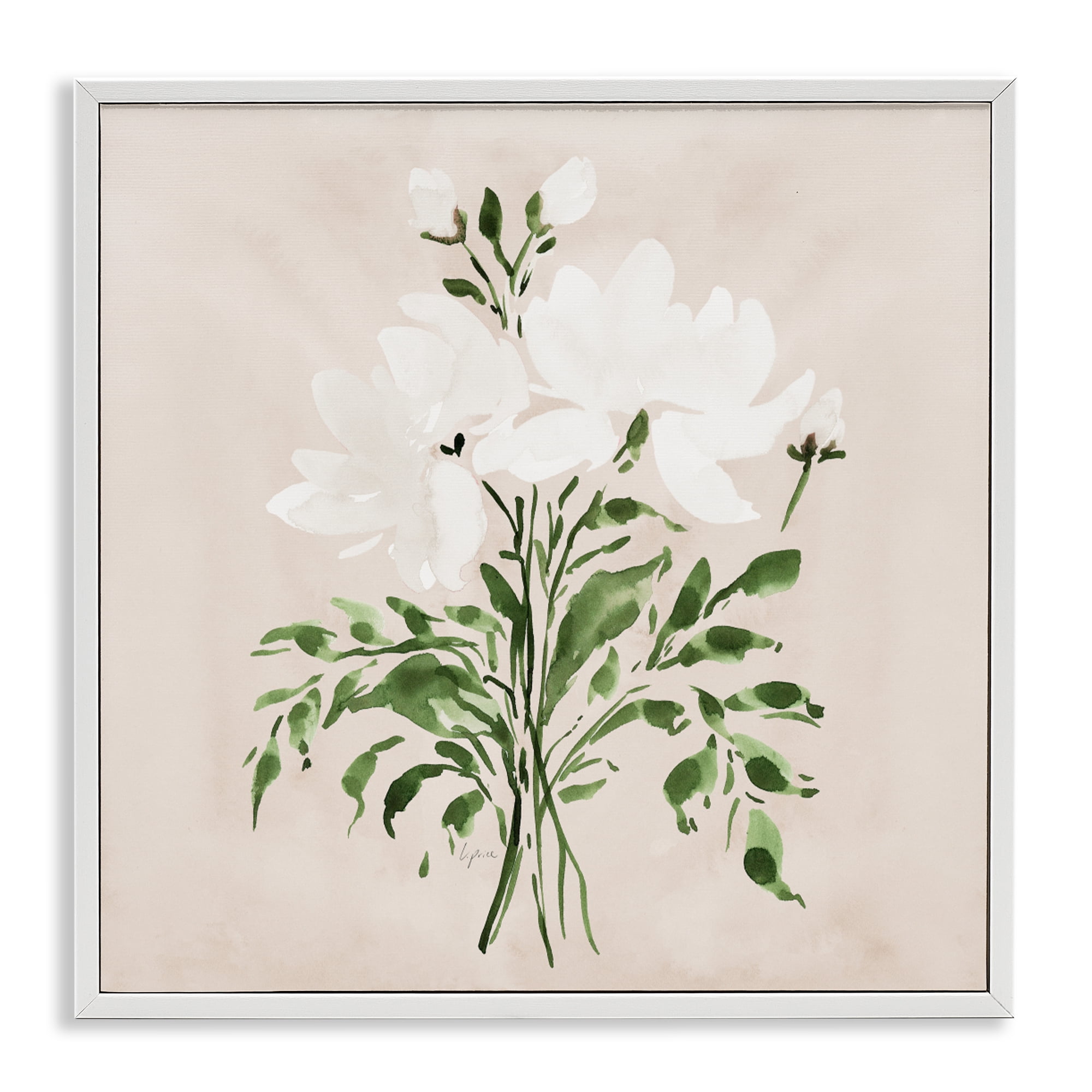 Stupell Industries White On Tan Floral White Framed Giclee Art, design by Lucille Price