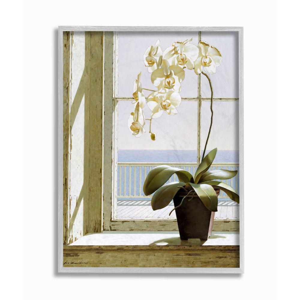 Stupell Industries White Orchid in Window Realistic Coastal Painting Framed Wall Art Design by Zhen-Huan Lu, 11" x 14", Gray Framed