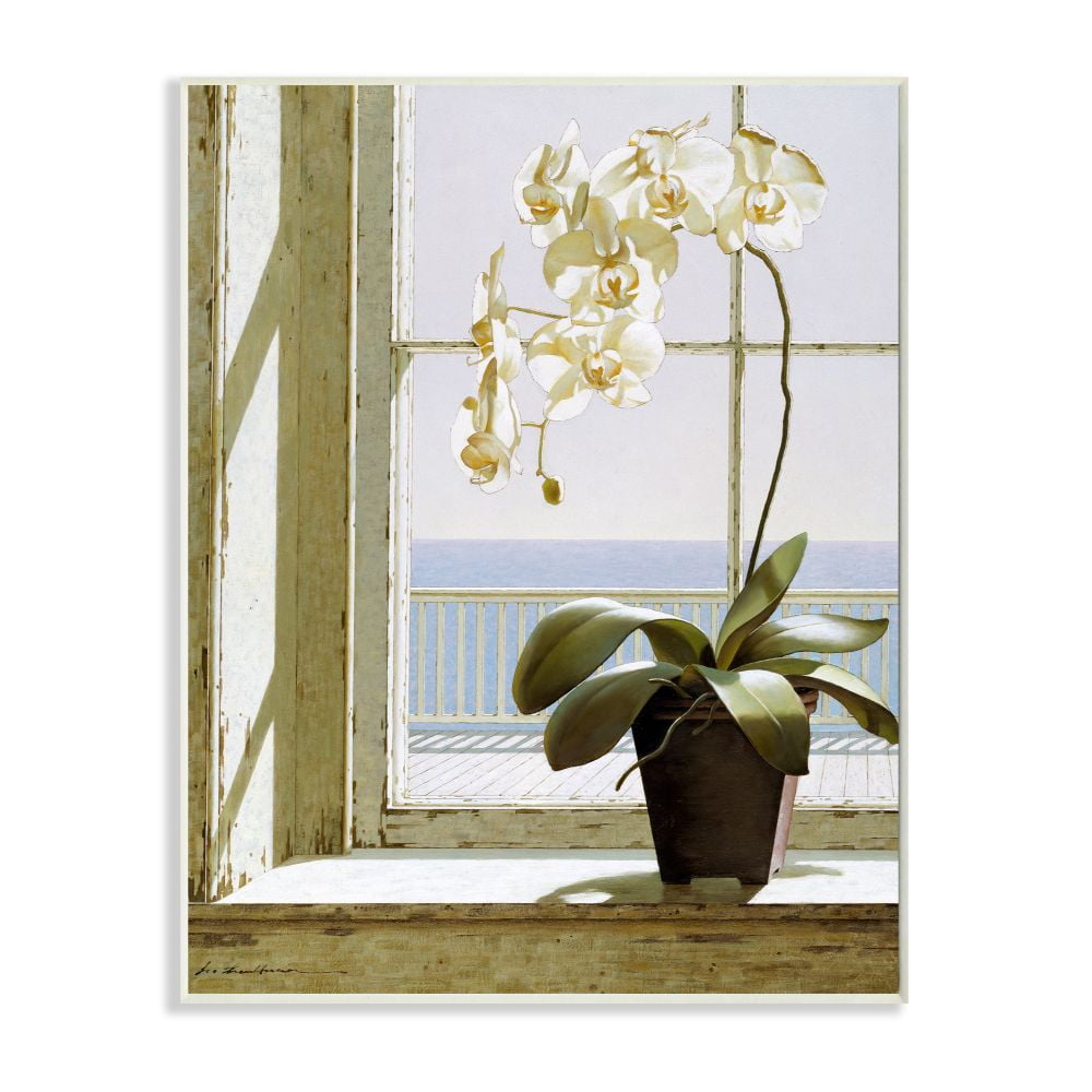 White Orchid Coastal Painting on MDF Wood Wall Plaque