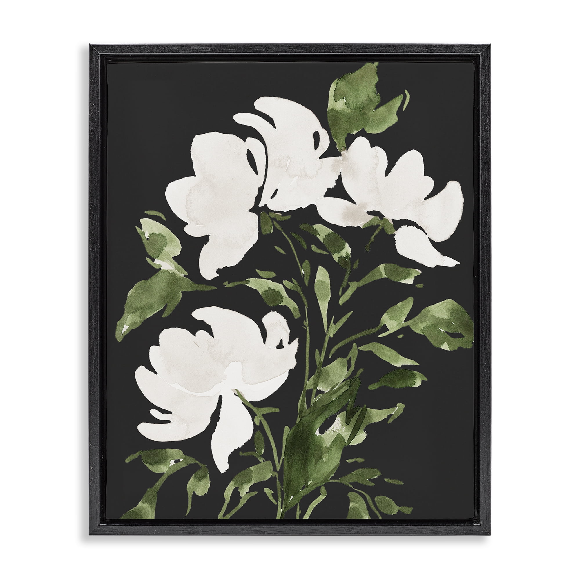Stupell Industries White Over Black Floral Black Framed Floater Canvas Wall Art, design by Lucille Price