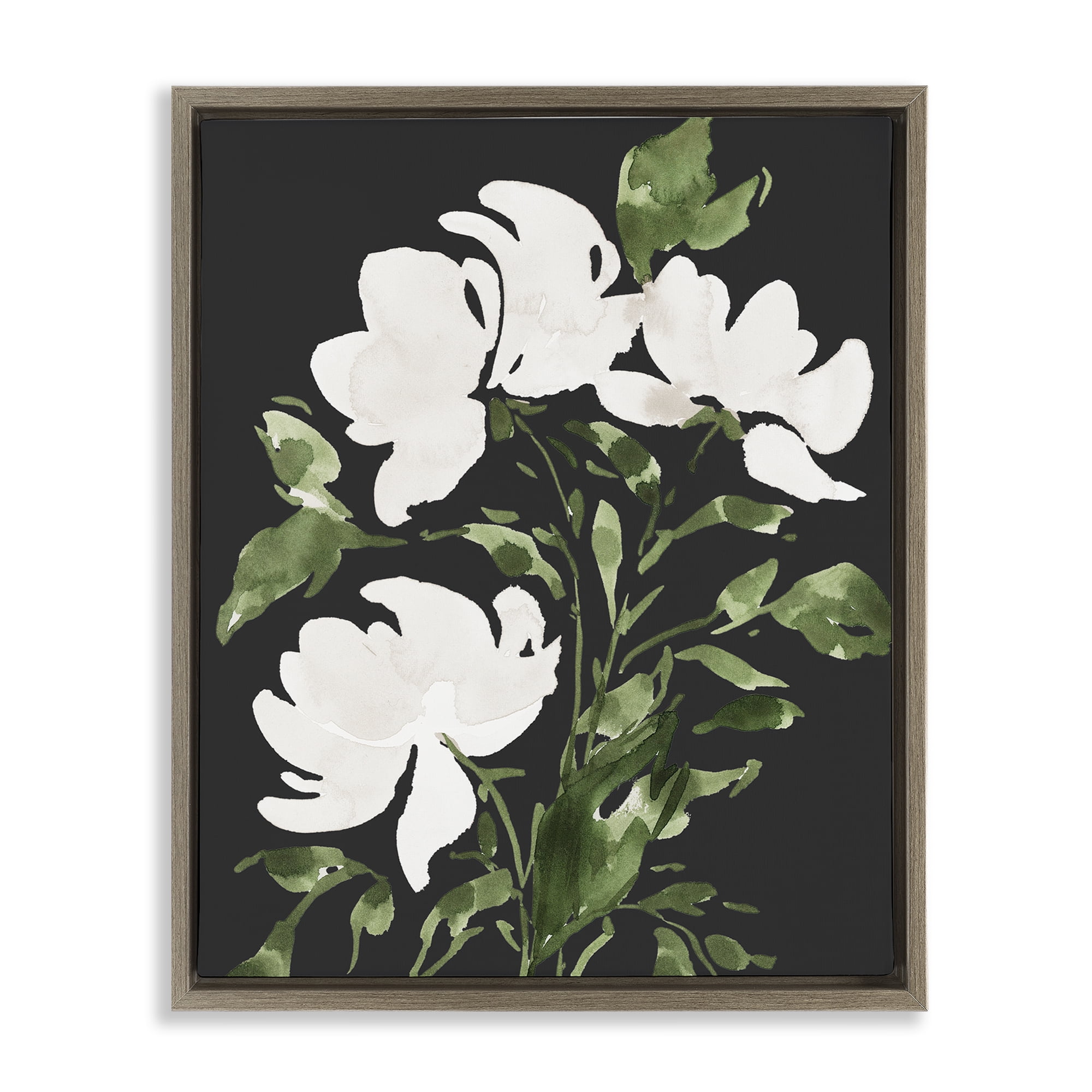 Stupell Industries White Over Black Floral Brown Framed Floater Canvas Wall Art, design by Lucille Price