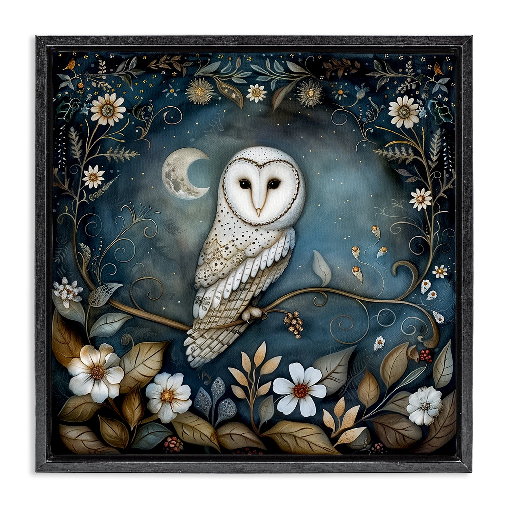 Stupell Industries White Owl Forest Scene Animals Painting Black Floater Framed Canvas Art Print Wall Art, 18 x 18