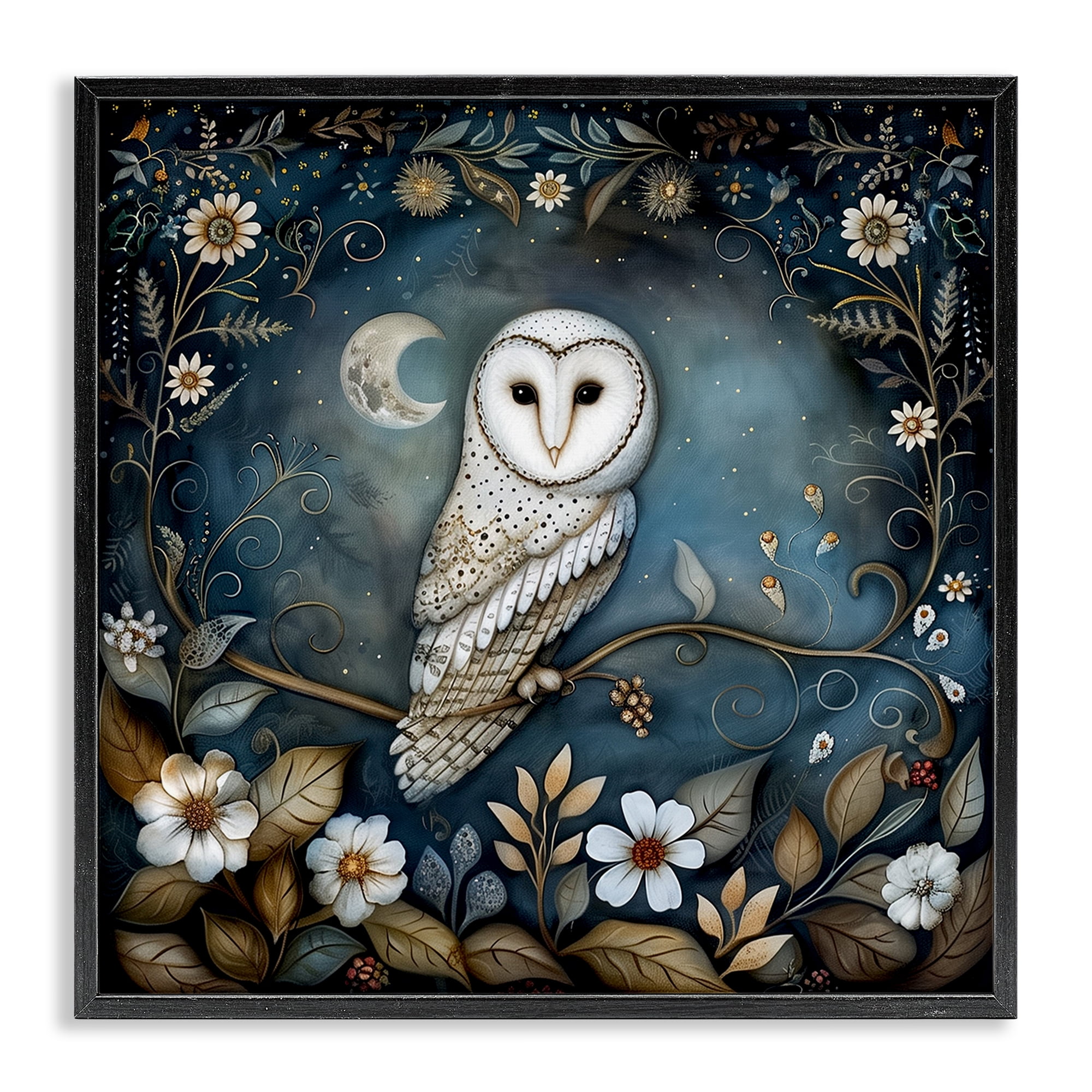 Stupell Industries White Owl Forest Scene Animals Painting Black Framed Art Print Wall Art, 17 x 17