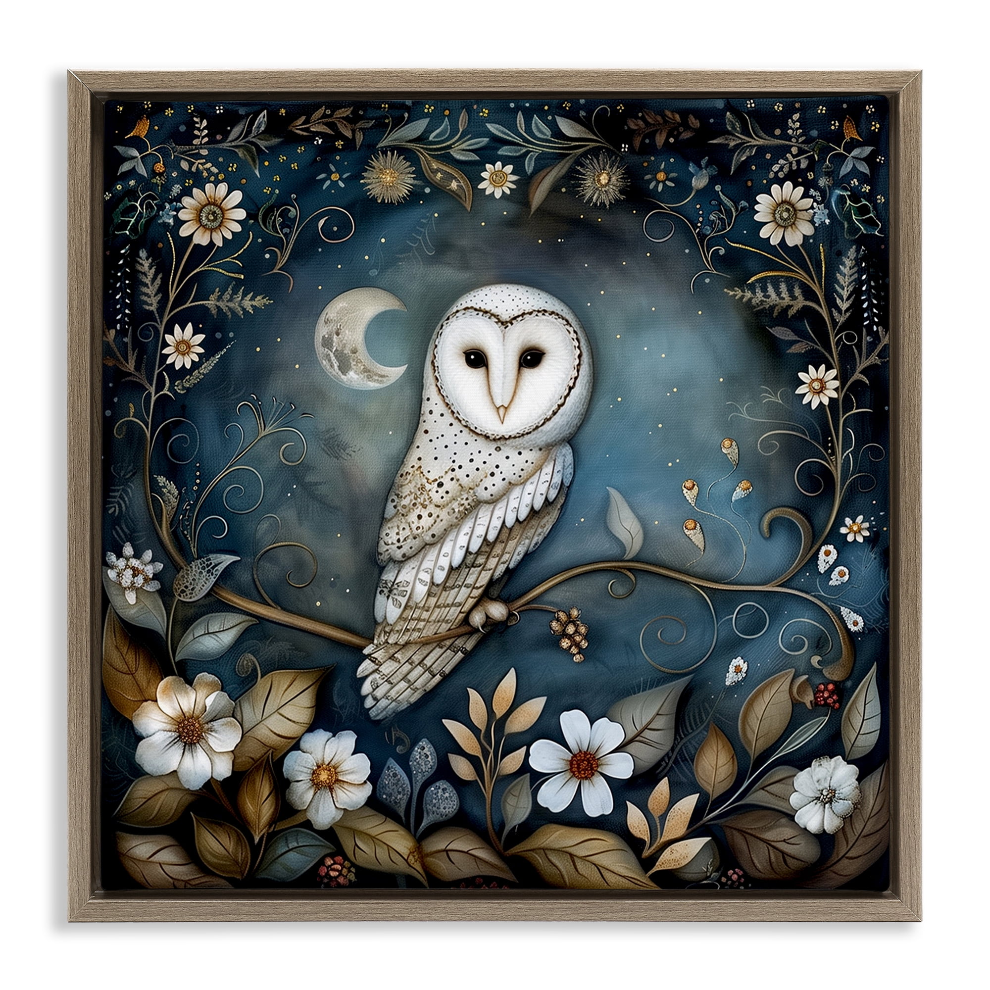 Stupell Industries White Owl Forest Scene Animals Painting Brown Floater Framed Canvas Art Print Wall Art, 18 x 18