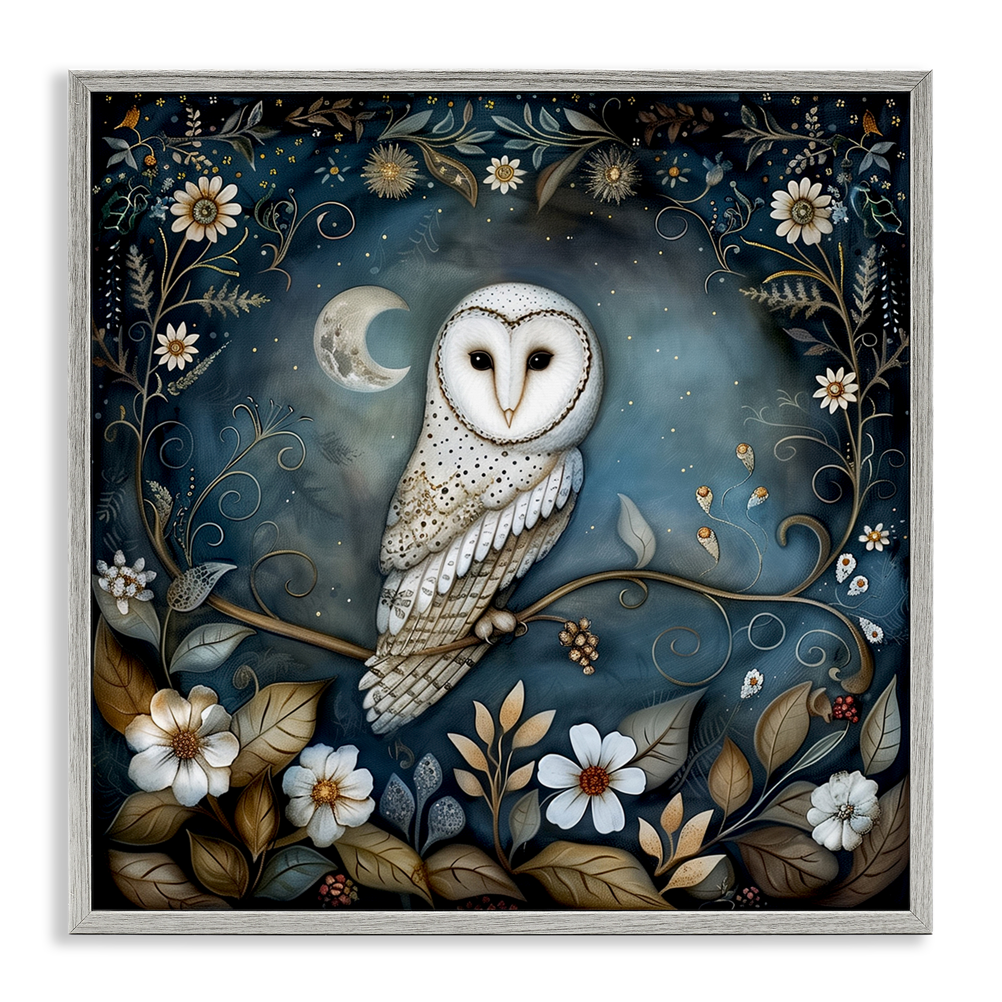 Stupell Industries White Owl Forest Scene Animals Painting Gray Framed Art Print Wall Art, 17 x 17