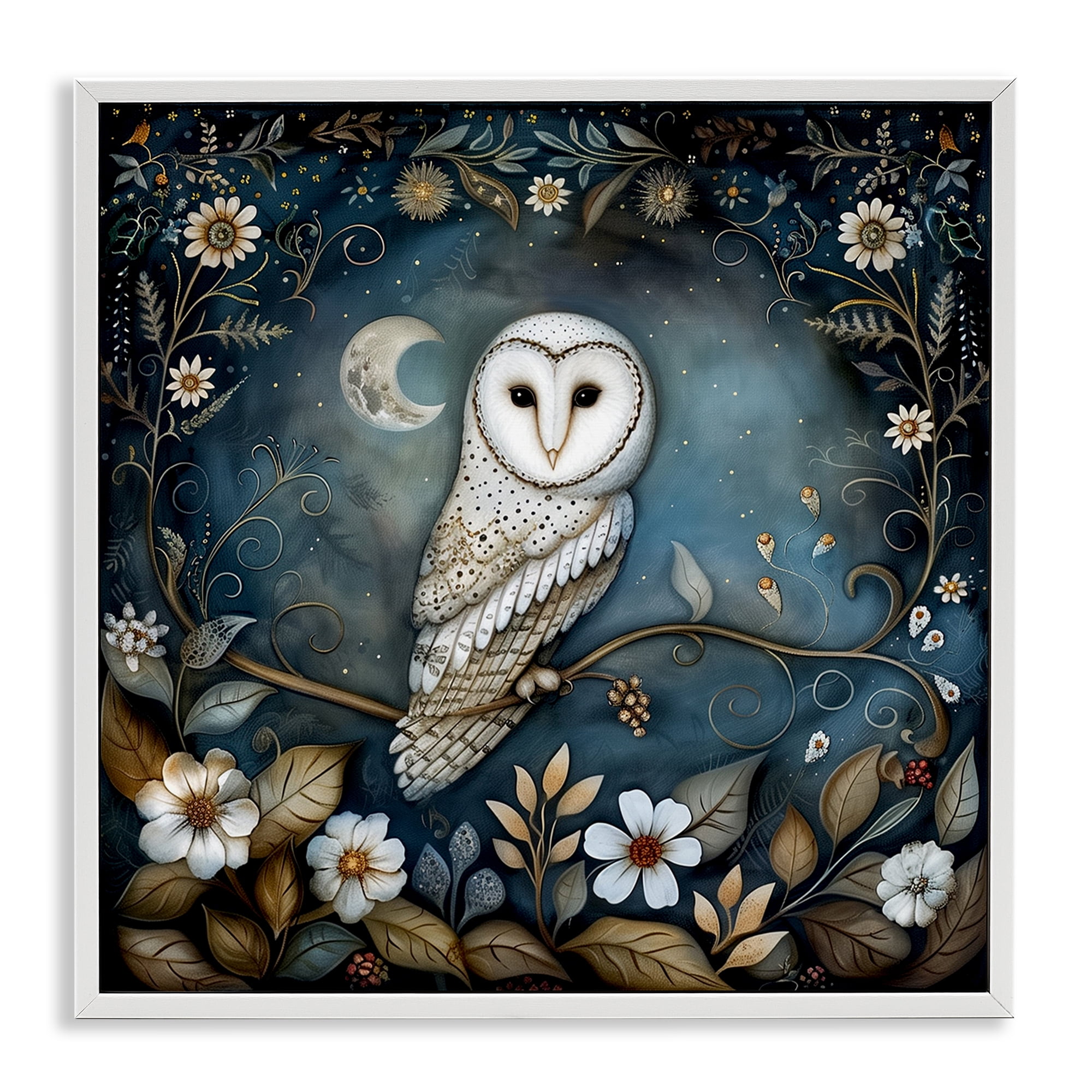 Stupell Industries White Owl Forest Scene Animals Painting White Framed Art Print Wall Art, 24 x 24