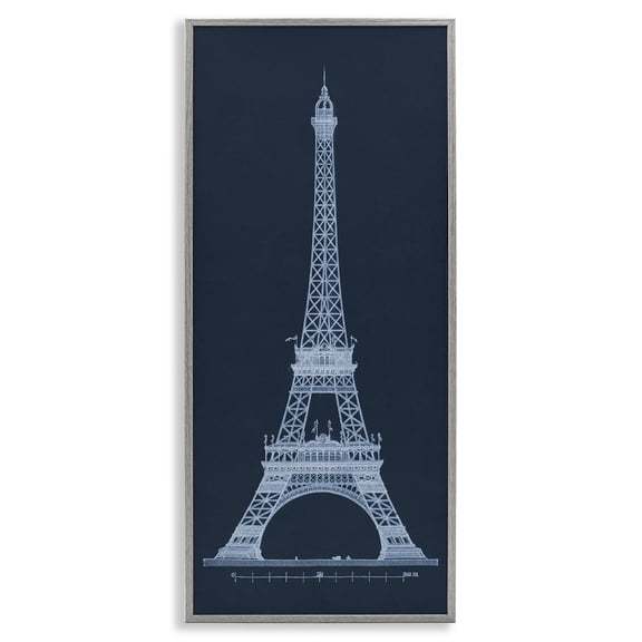 Stupell Industries White Parisian Tower on Blue Architecture Painting Gray Framed Art Print Wall Art, 13 x 30