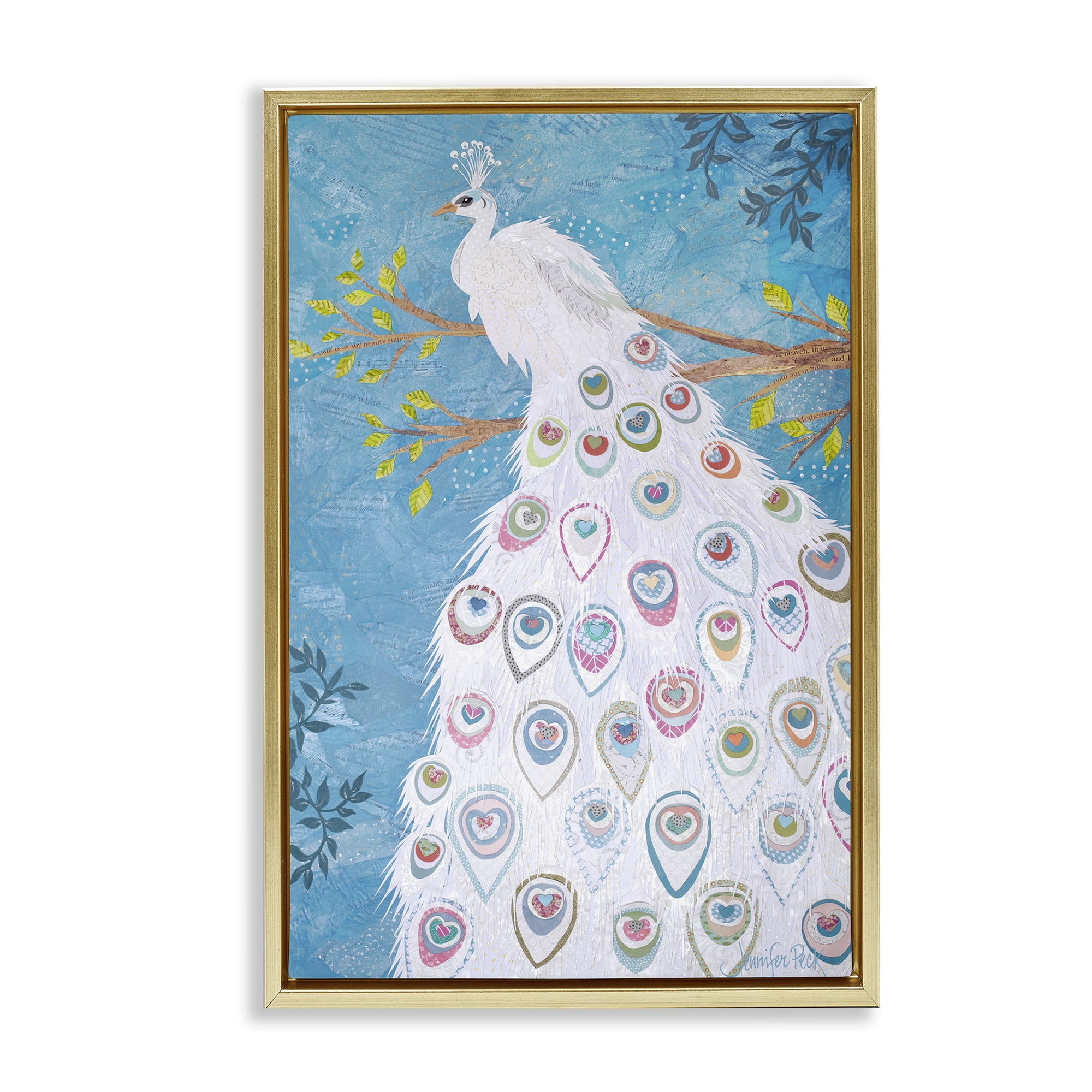Stupell Industries White Patterned Peacock Animals & Insects Painting Gold Floater Framed Canvas Art Print Wall Art, 17 x 25