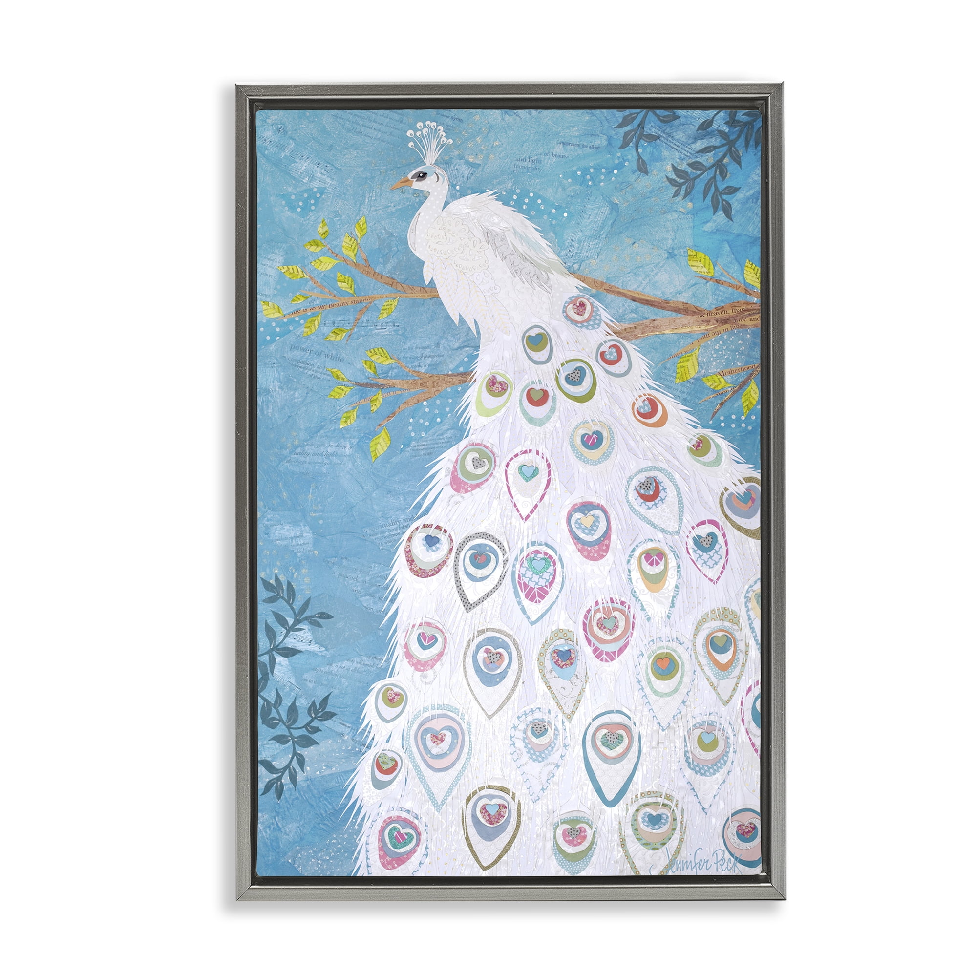 Stupell Industries White Patterned Peacock Animals & Insects Painting Gray Floater Framed Canvas Art Print Wall Art, 21 x 31