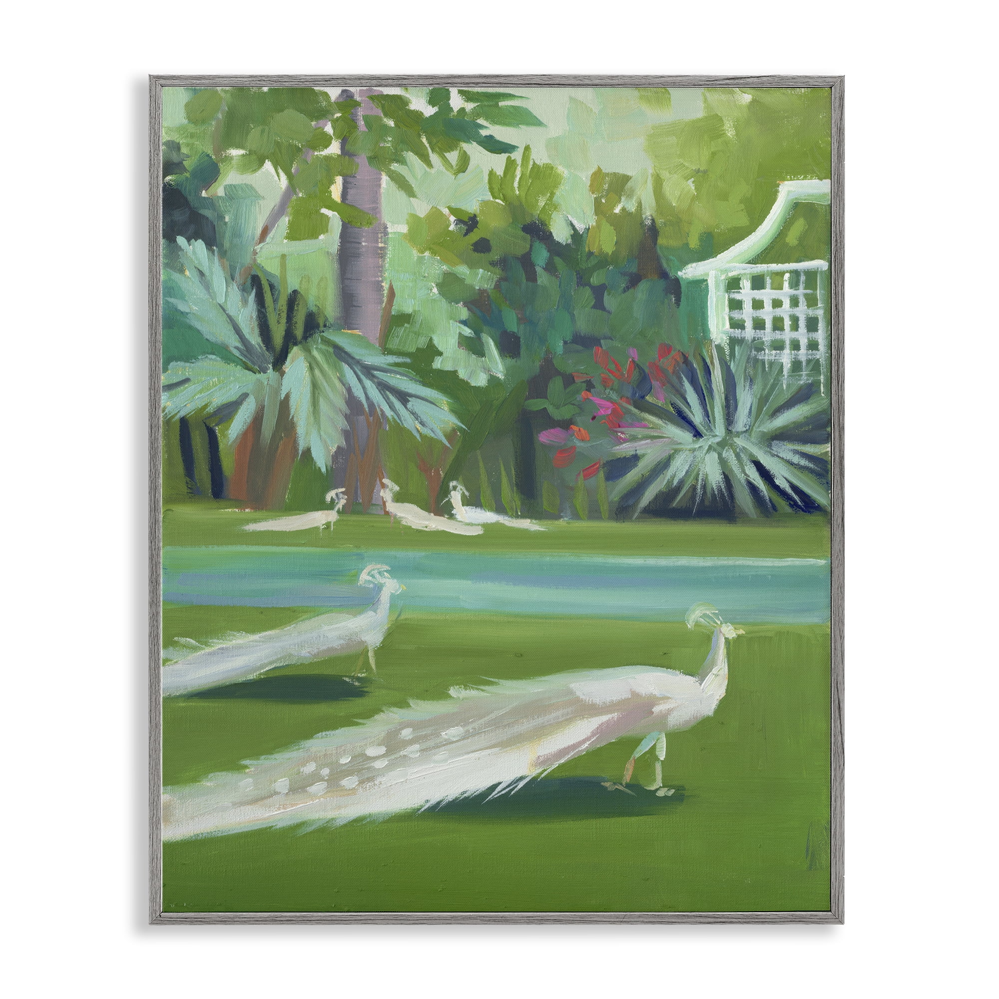 Stupell Industries White Peacocks Scene Landscape & Nature Painting Gray Framed Art Print Wall Art, 16 x 20
