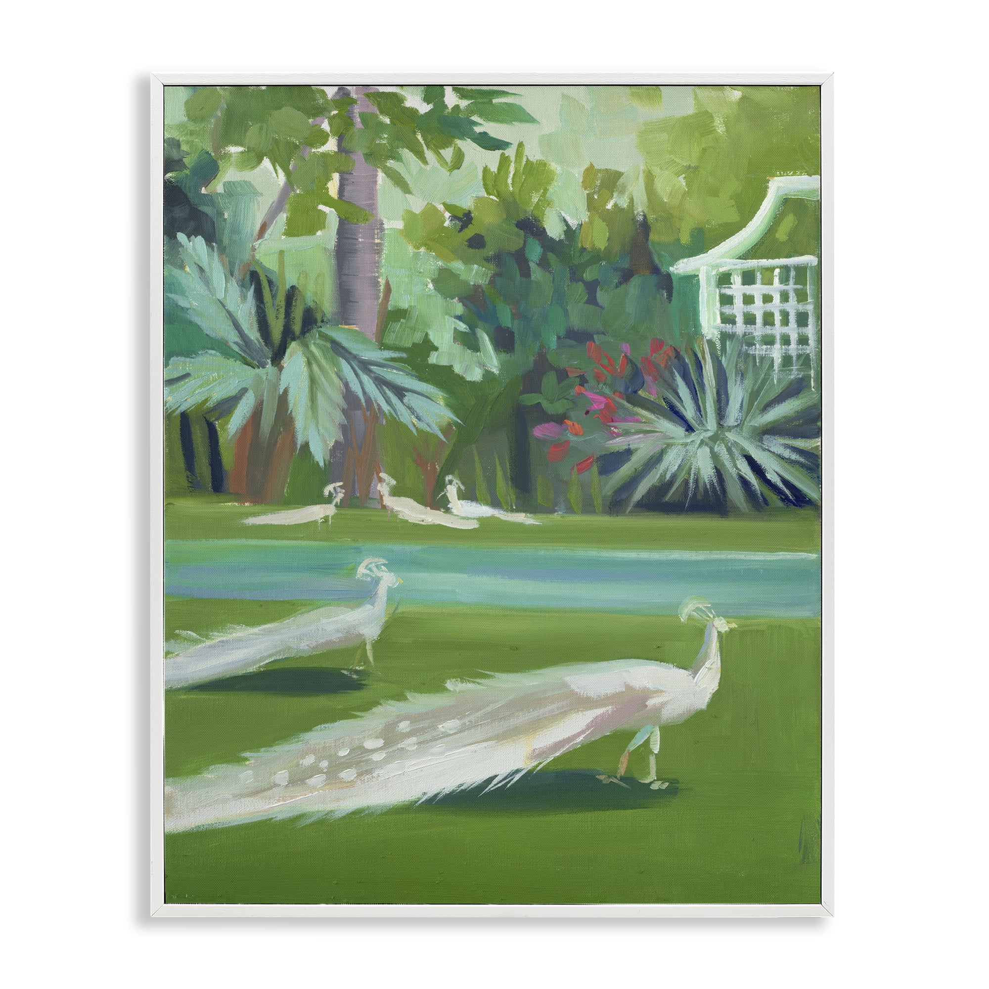 Stupell Industries White Peacocks Scene Landscape & Nature Painting White Framed Art Print Wall Art, 24 x 30
