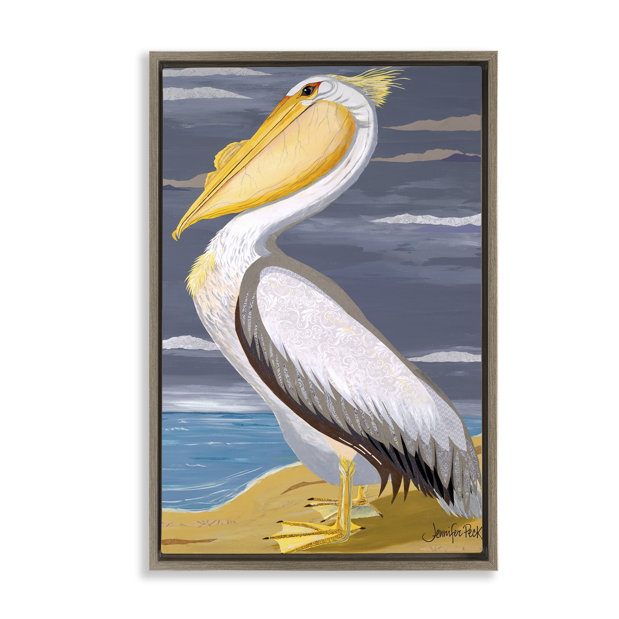 Stupell Industries White Pelican on Shore Animals & Insects Painting Brown Floater Framed Canvas Art Print Wall Art, 21 x 31