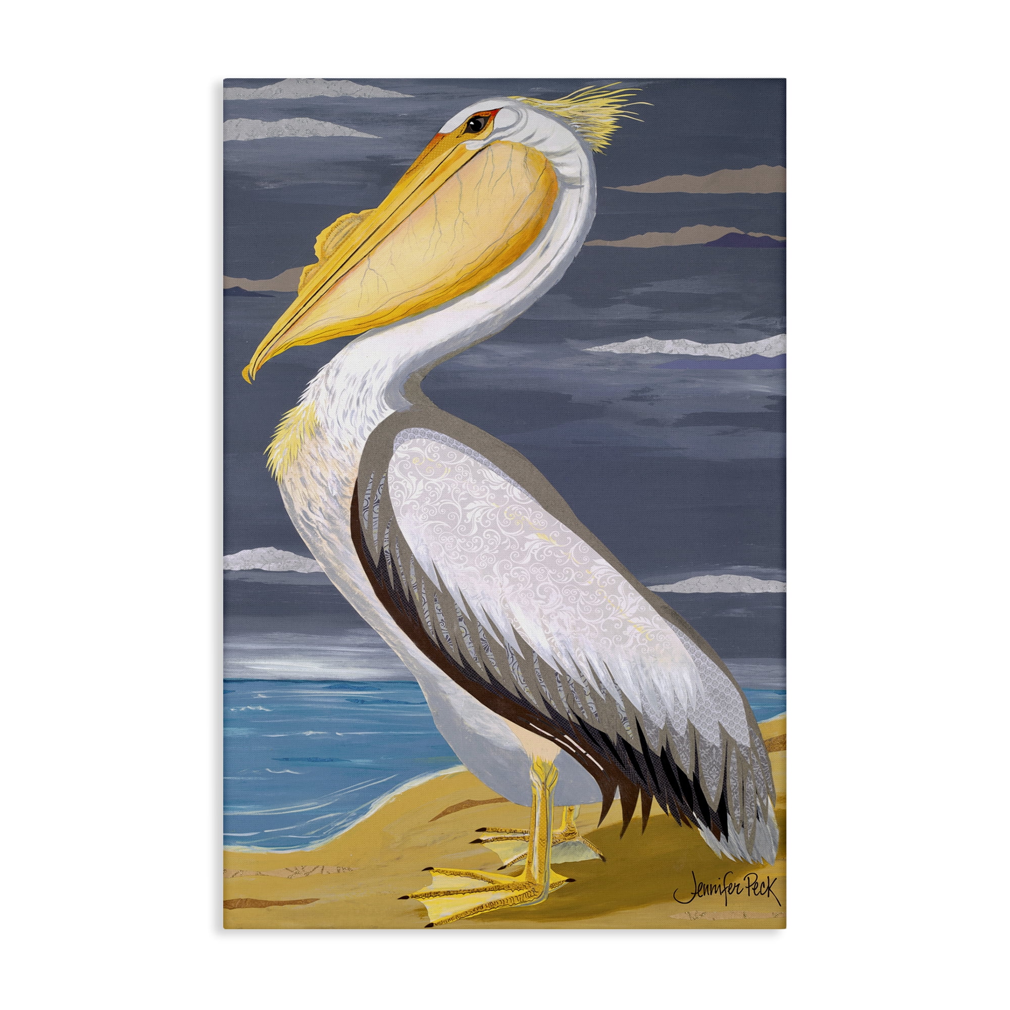 Stupell Industries White Pelican on Shore Animals & Insects Painting Gallery Wrapped Canvas Art Print Wall Art, 20 x 30