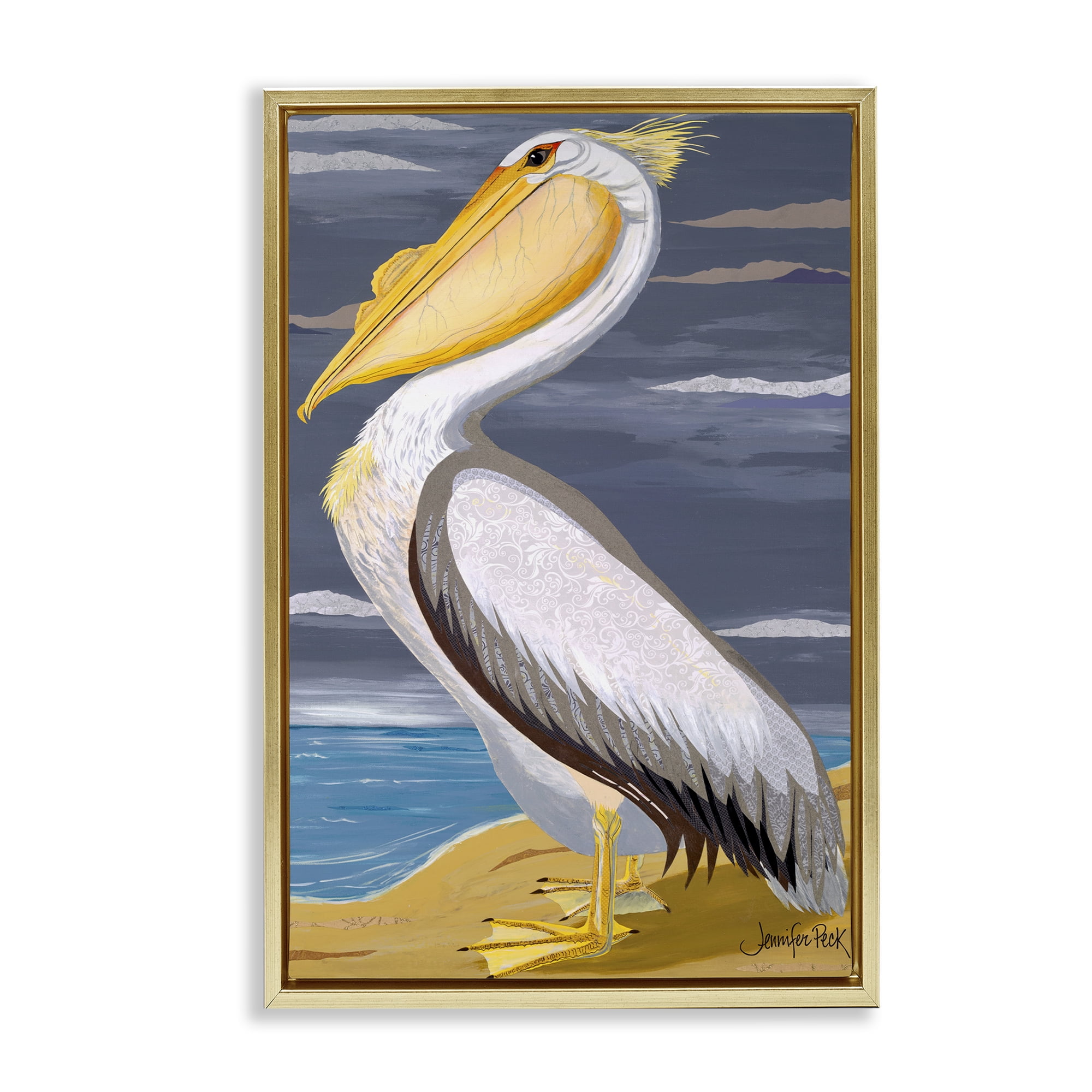 Stupell Industries White Pelican on Shore Animals & Insects Painting Gold Floater Framed Canvas Art Print Wall Art, 17 x 25