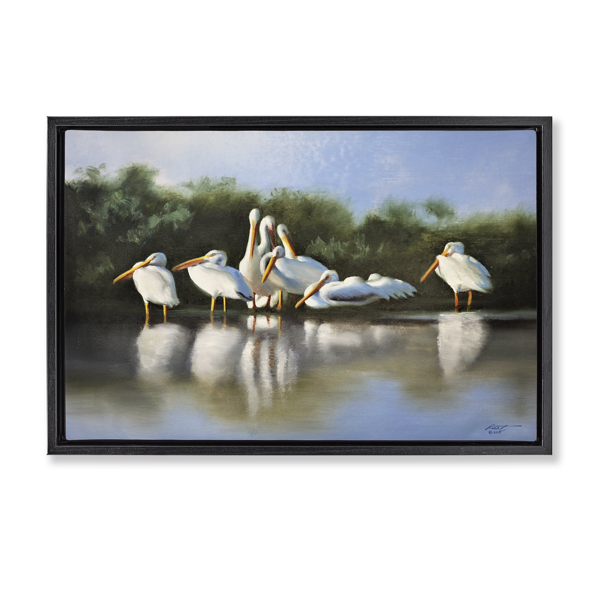 Stupell Industries White Pelicans Flock Animals & Insects Painting Black Floater Framed Canvas Art Print Wall Art, 31 x 21