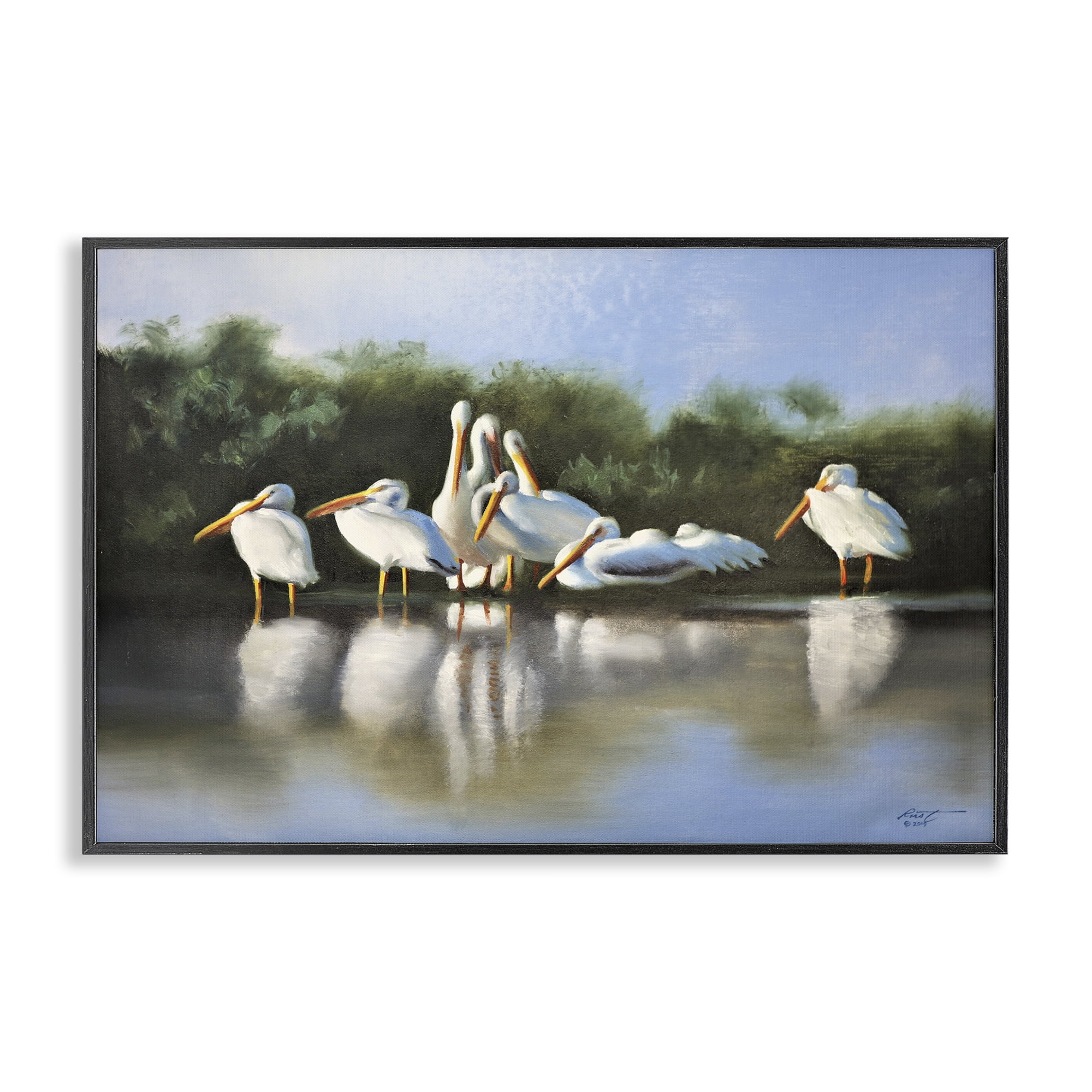 White Pelicans Flock Canvas Print with Black Frame, 18 x 12