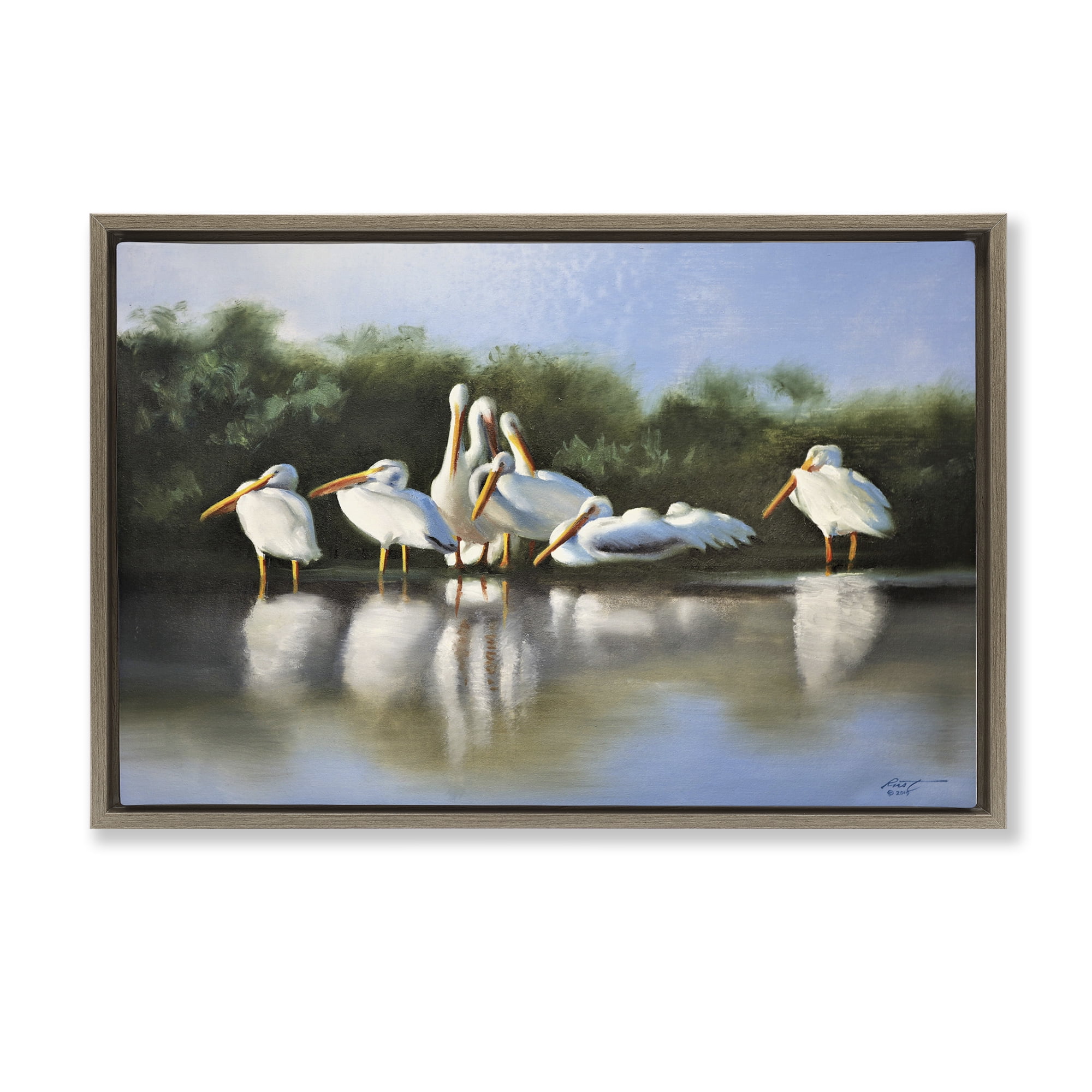 Stupell Industries White Pelicans Flock Animals & Insects Painting Brown Floater Framed Canvas Art Print Wall Art, 25 x 17