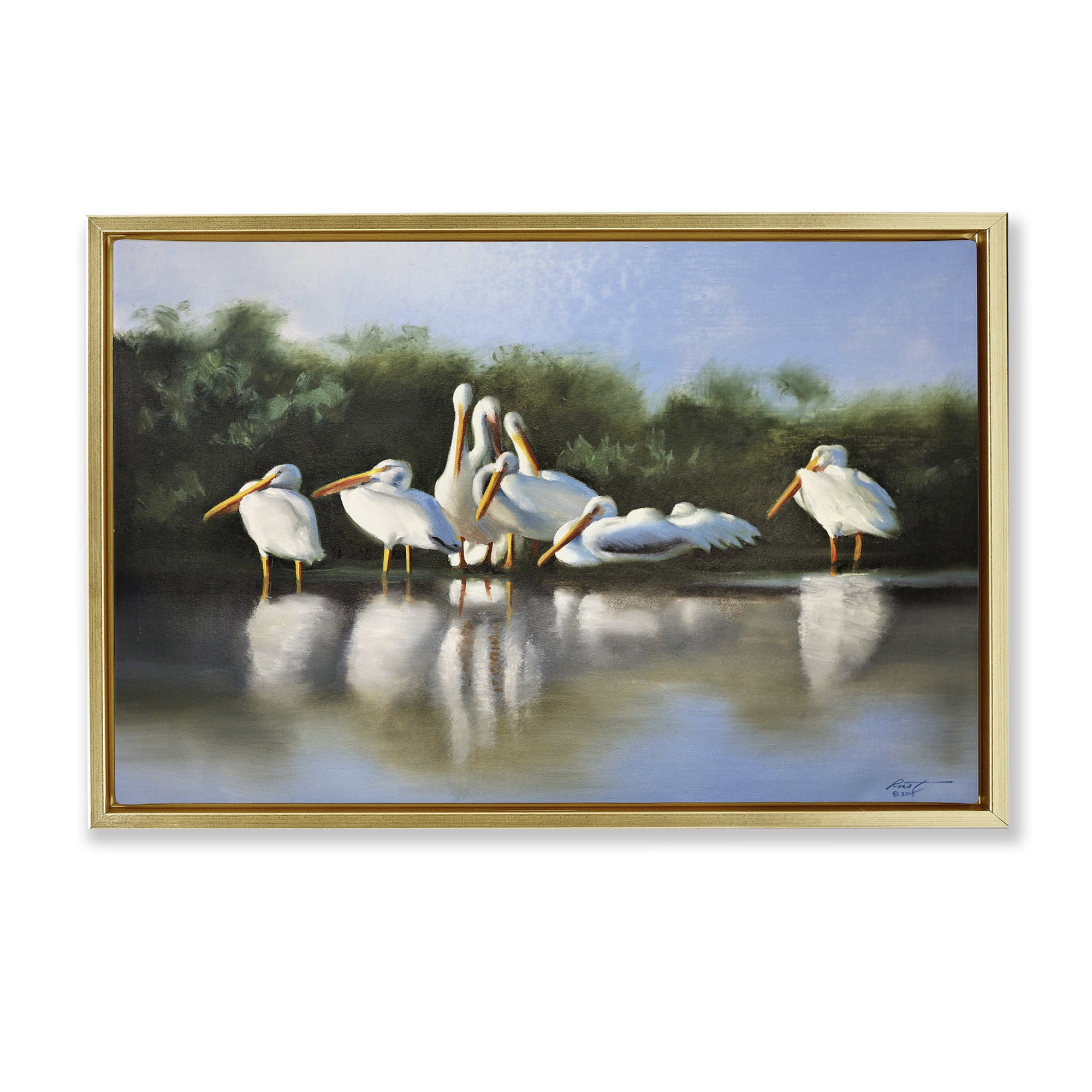 Stupell Industries White Pelicans Flock Animals & Insects Painting Gold Floater Framed Canvas Art Print Wall Art, 31 x 21