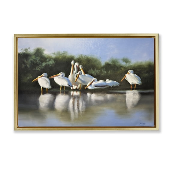 Stupell Industries Traditional White Pelicans Flock Gold Floating Frame Canvas Art, 31 x 21, by D. Rust