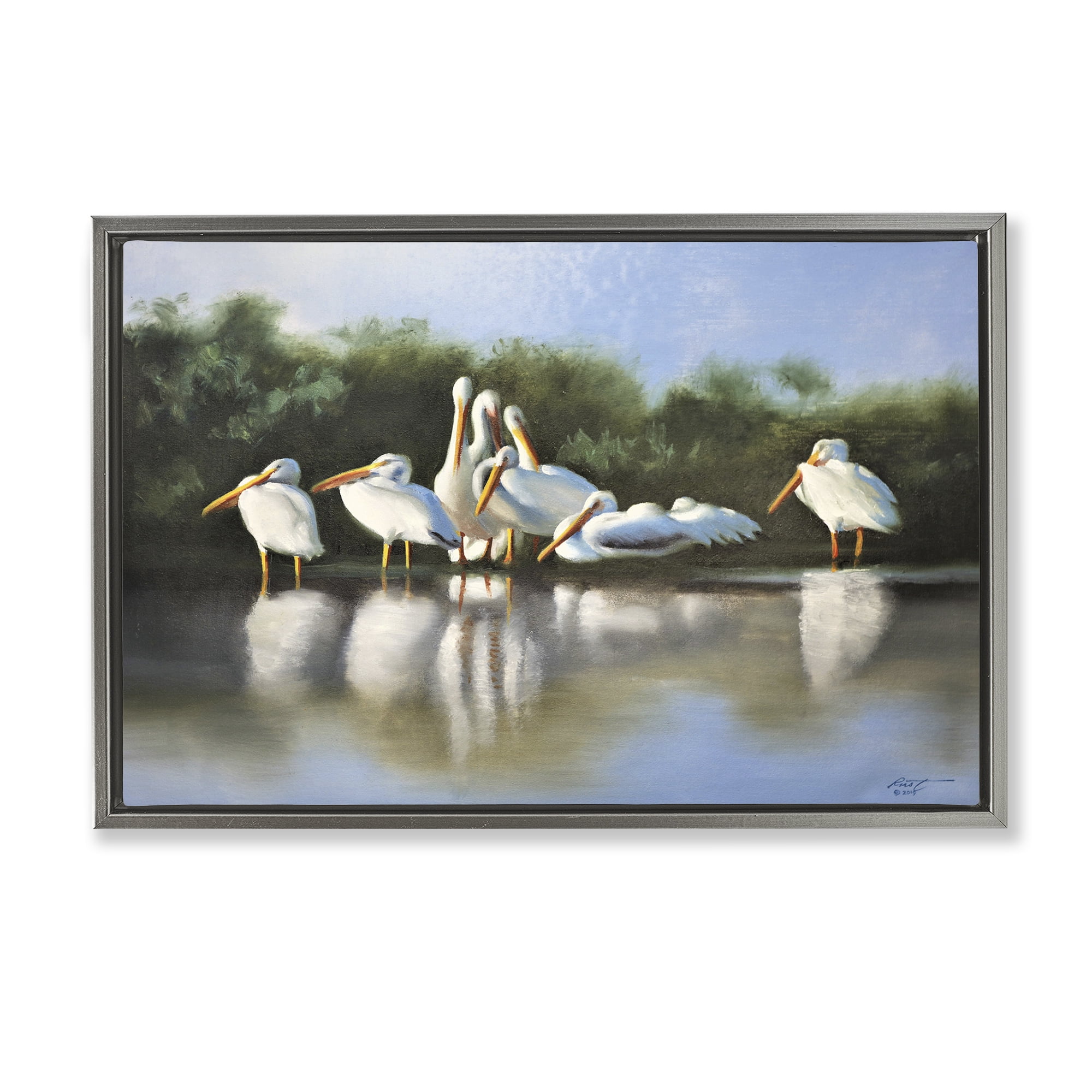 Stupell Industries White Pelicans Flock Animals & Insects Painting Gray Floater Framed Canvas Art Print Wall Art, 25 x 17