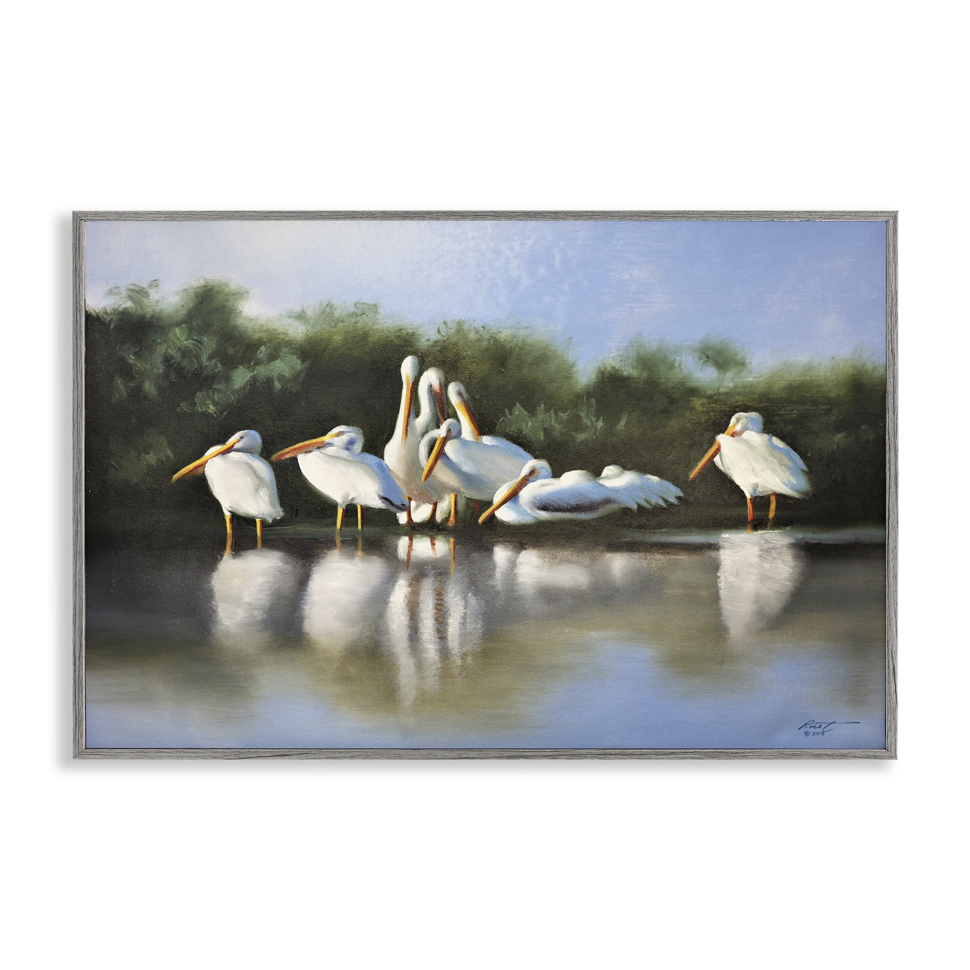 Stupell Industries White Pelicans Flock Animals & Insects Painting Gray Framed Art Print Wall Art, 24 x 16