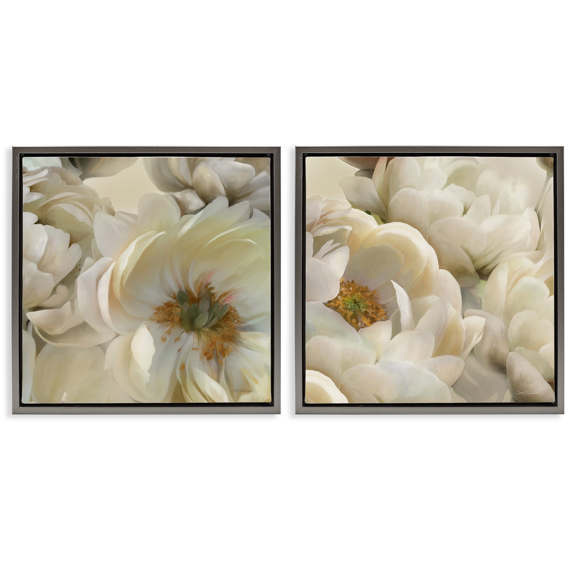 Stupell Industries White Peonies Serenity Floral & Botanical Painting Gray Floater Framed Canvas Art Print Wall Art, 18 x 18, Set of 2