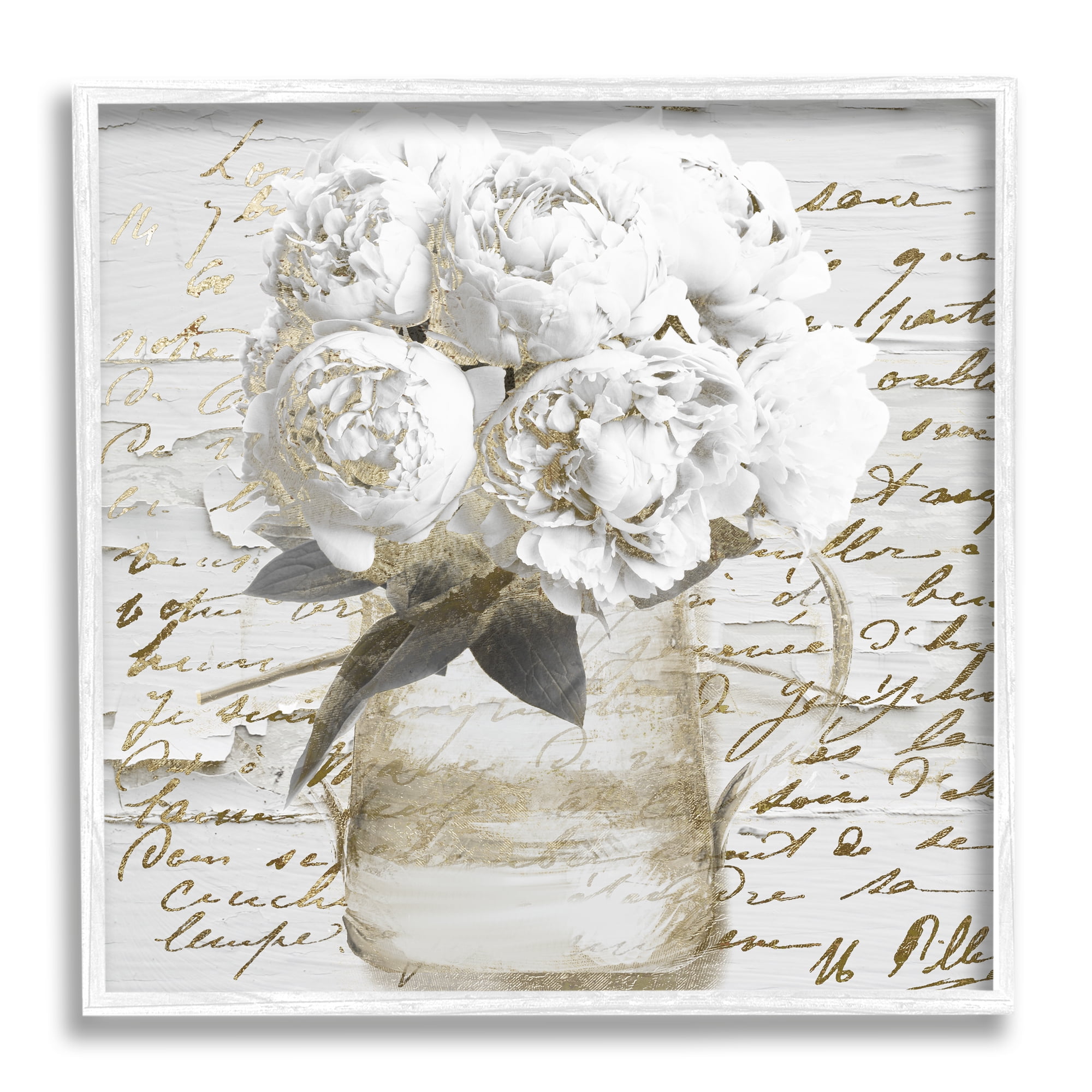 Stupell Industries White Peonies Vintage Calligraphy Collage Design, 24 x 24, Design by Mindy Sommers
