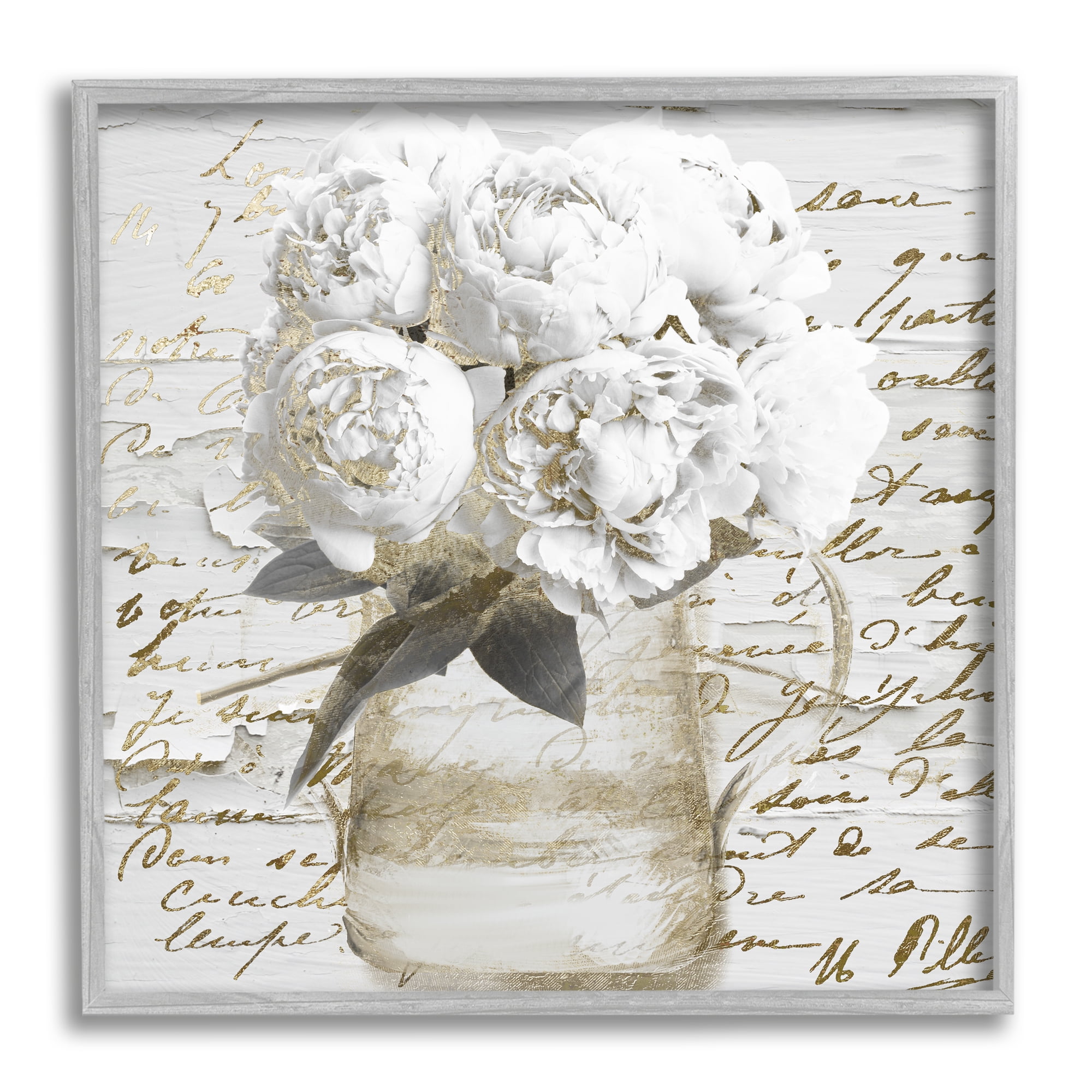 Stupell Industries White Peonies Vintage Calligraphy Collage Design Graphic Art Gray Framed Art Print Wall Art, 12x12, by Mindy Sommers