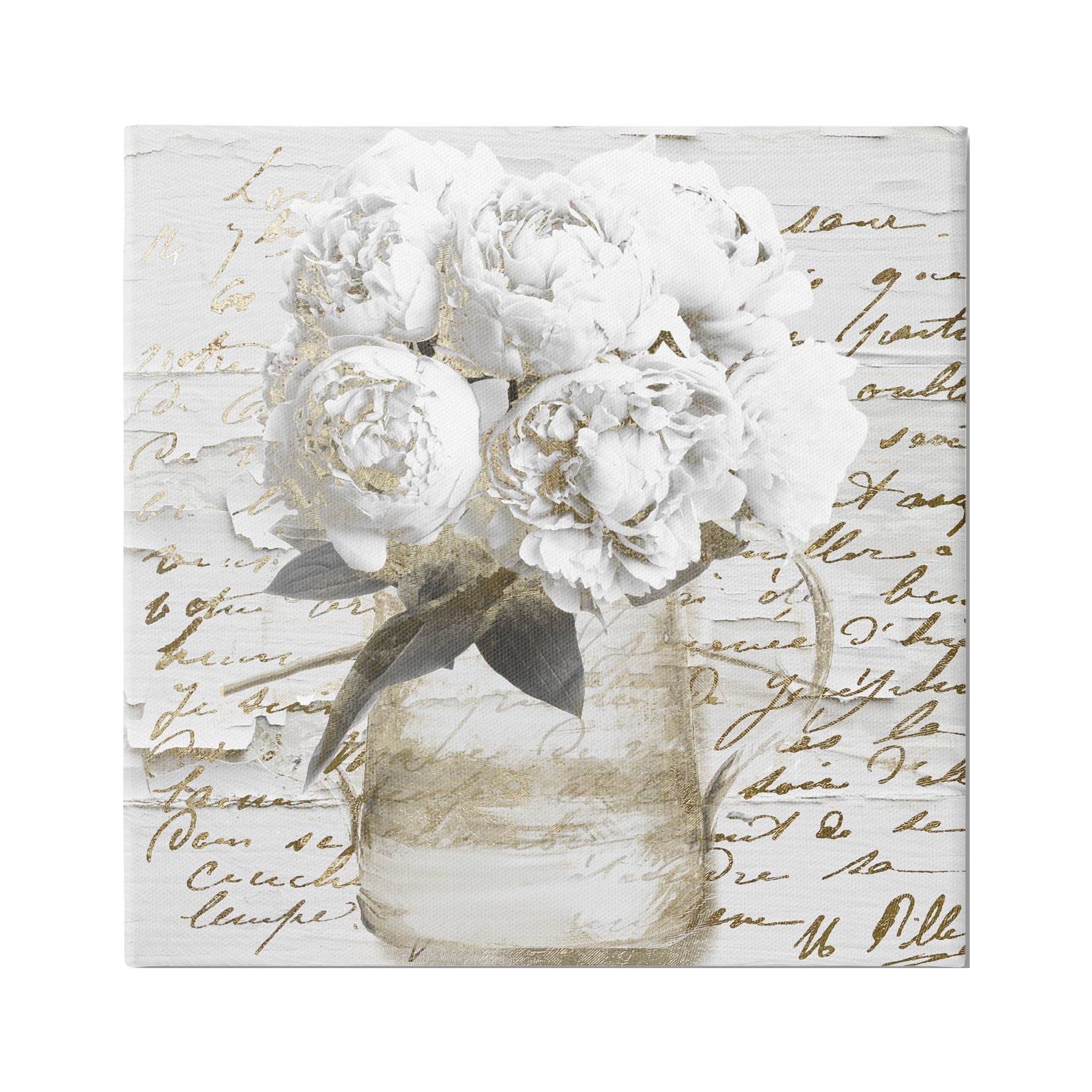Stupell Industries White Peonies Vintage Calligraphy Collage Design Vintage Painting Gallery-Wrapped Canvas Print Wall Art, 30 x 30, Design by Mindy Sommers