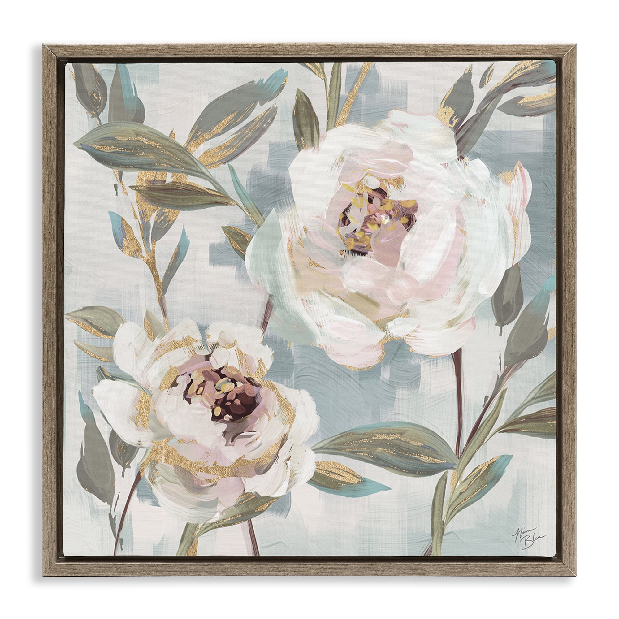 Stupell Industries White Peony Duo Plants & Flowers Painting Brown Floater Framed Canvas Art Print Wall Art, 18 x 18