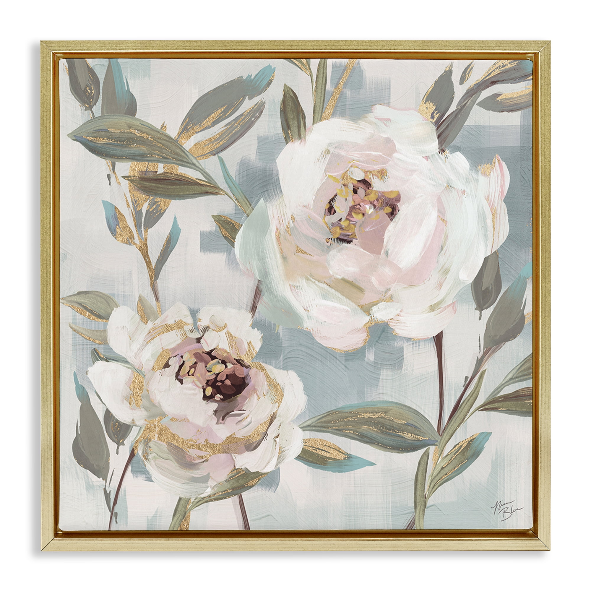 Stupell Industries White Peony Duo Plants & Flowers Painting Gold Floater Framed Canvas Art Print Wall Art, 18 x 18