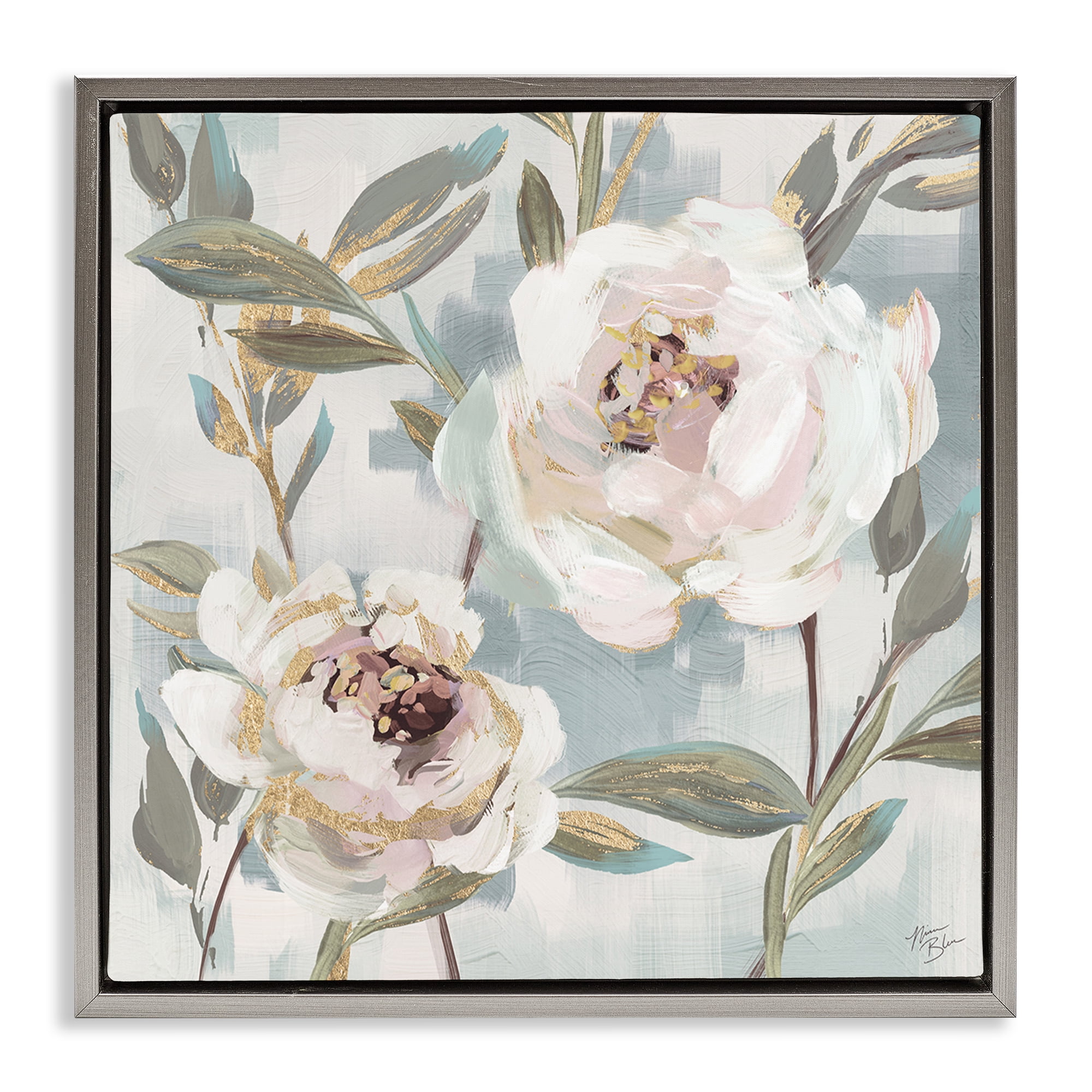 Stupell Industries White Peony Duo Plants & Flowers Painting Gray Floater Framed Canvas Art Print Wall Art, 18 x 18
