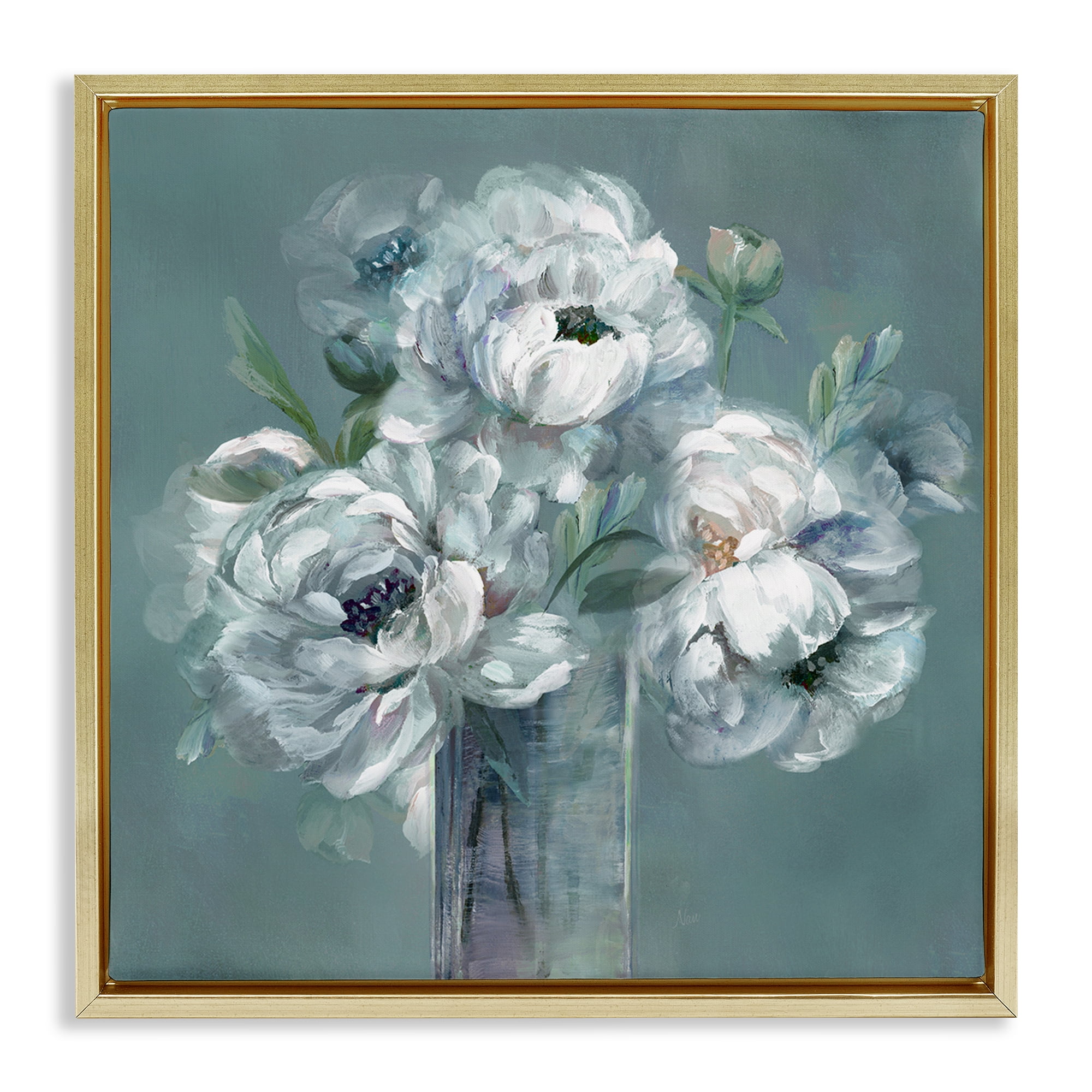 Stupell Industries White Peony Impression in Vase Gold Framed Floater Canvas Wall Art, design by Nan
