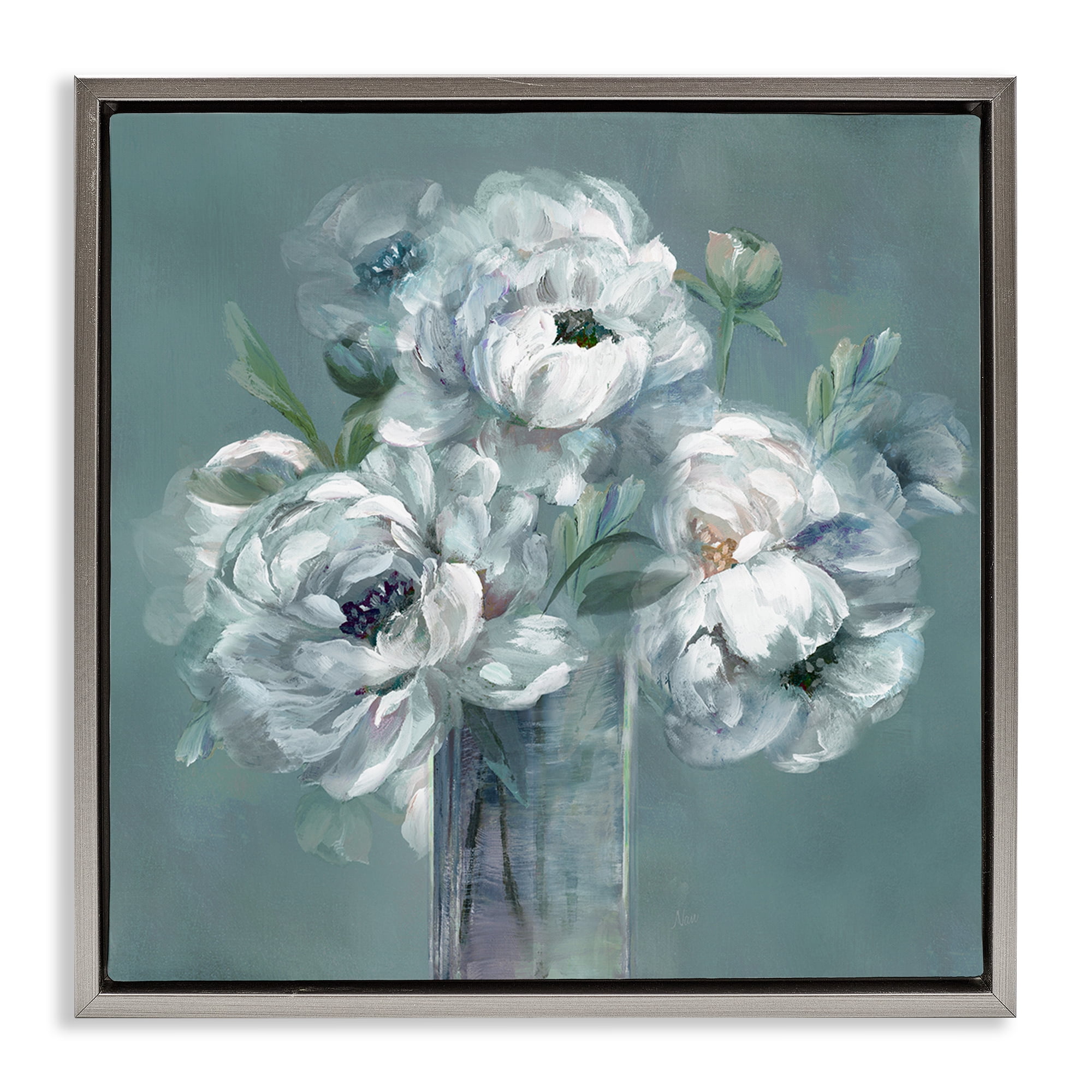 Stupell Industries White Peony Impression in Vase Gray Framed Floater Canvas Wall Art, design by Nan